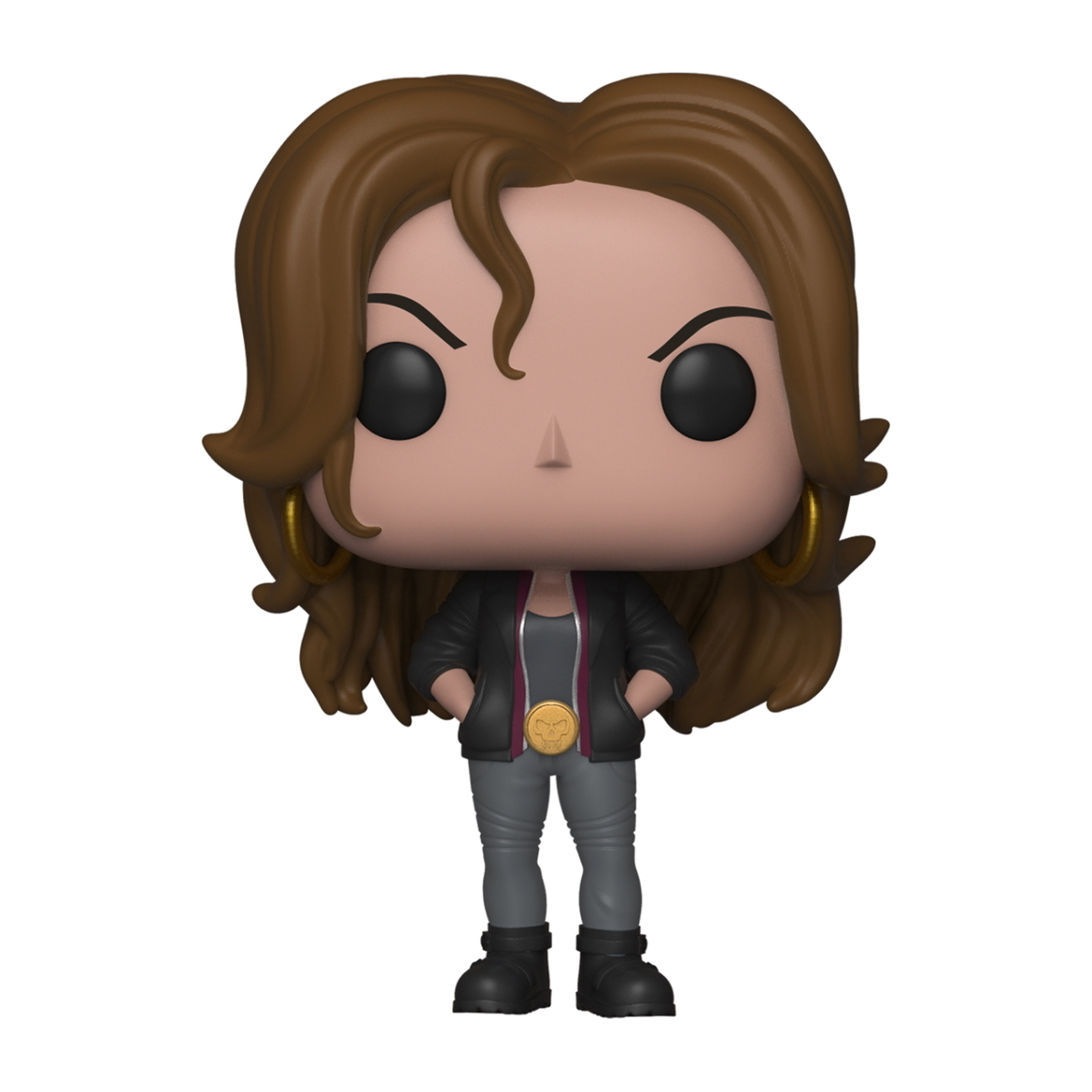 Figurka Funko Pop kobiety z brązowymi włosami, złotymi kolczykami, czarną kurtką, szarymi spodniami i czarnymi butami.