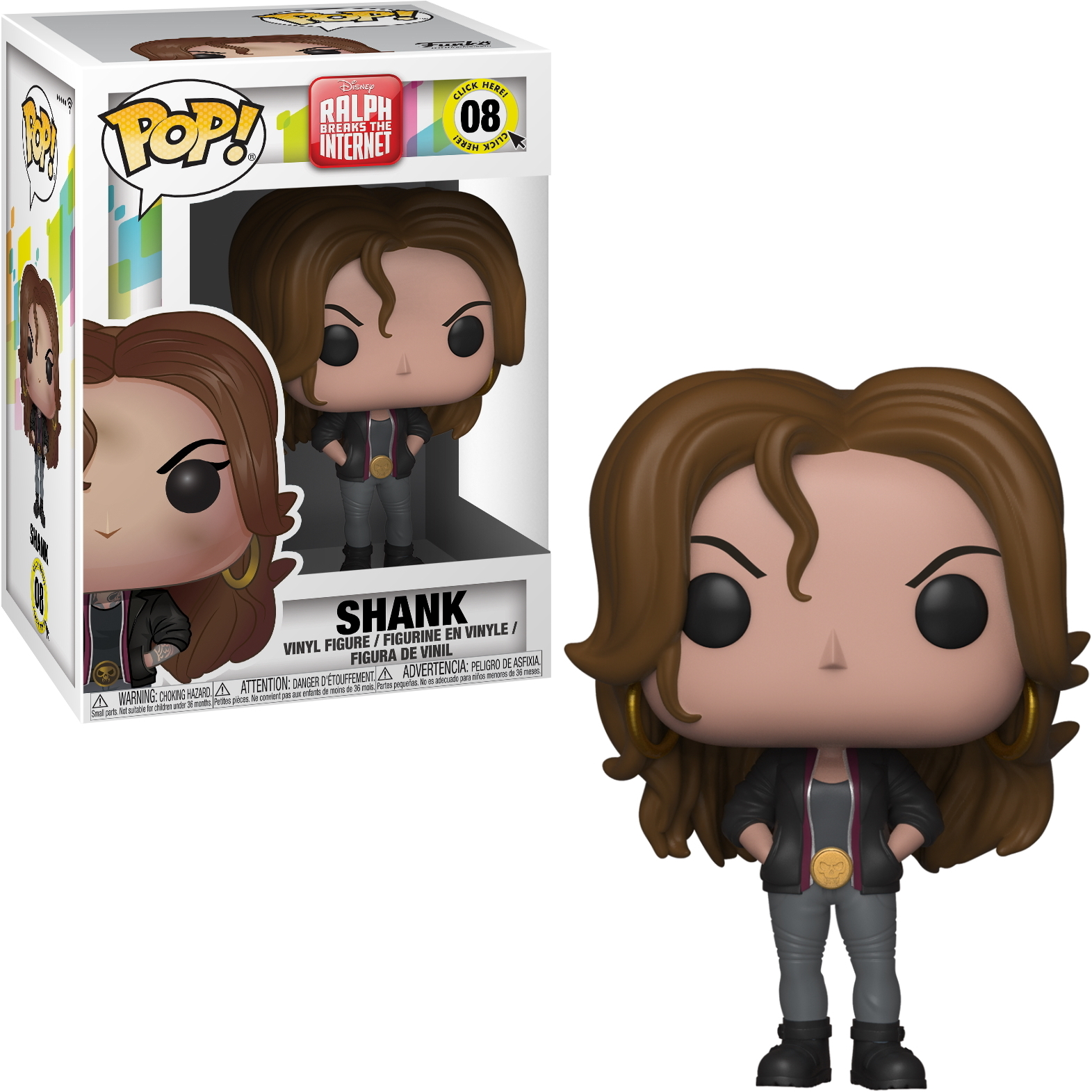 Figurka Shank Funko Pop. Kobieta z brązowymi włosami, złotymi kolczykami, czarną kurtką i szarymi spodniami. W pudełku.