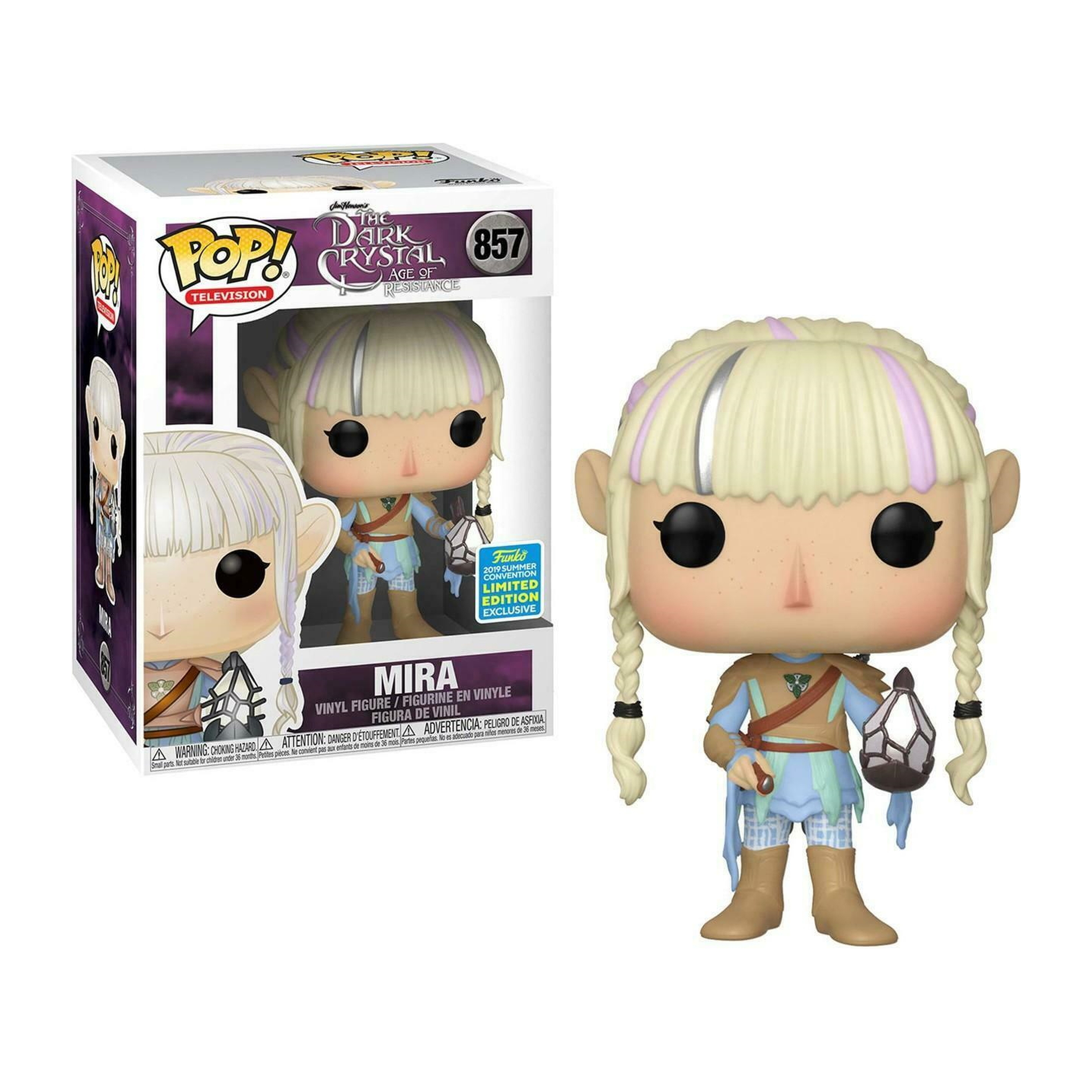 Funko Pop einer Elfenfigur mit blonden Haaren und blauem Kleid, die eine Laterne hält.