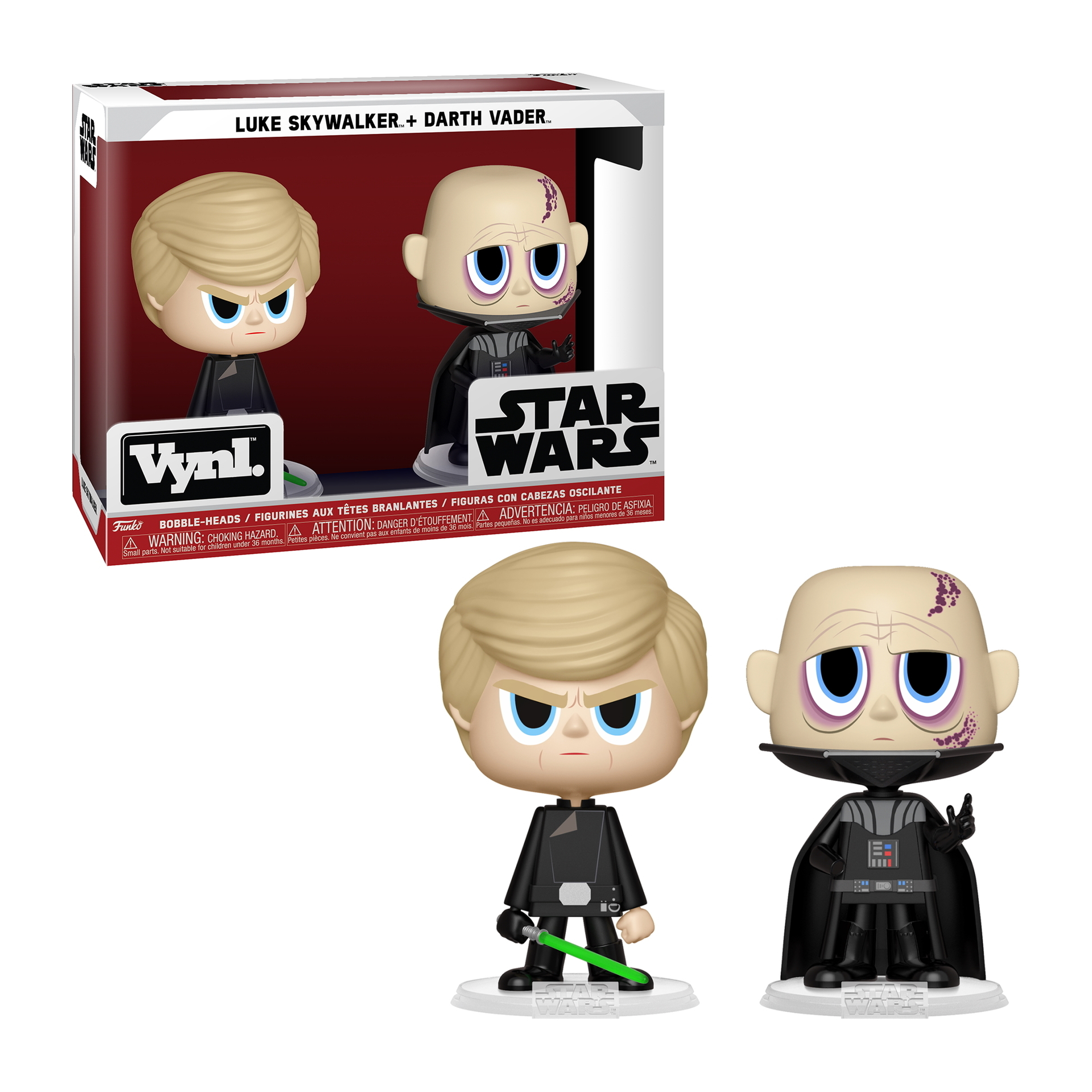 Luke Skywalker und Darth Vader Funko Pop Figuren in und aus der Box. Zwei Figuren.
