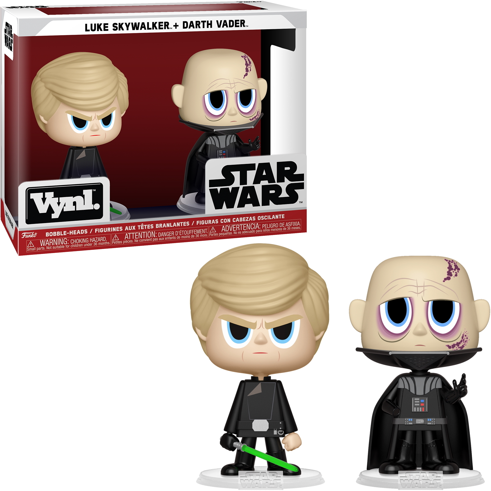 Luke Skywalker und Darth Vader Figuren, mit einer Vynl Box und Star Wars Logo.