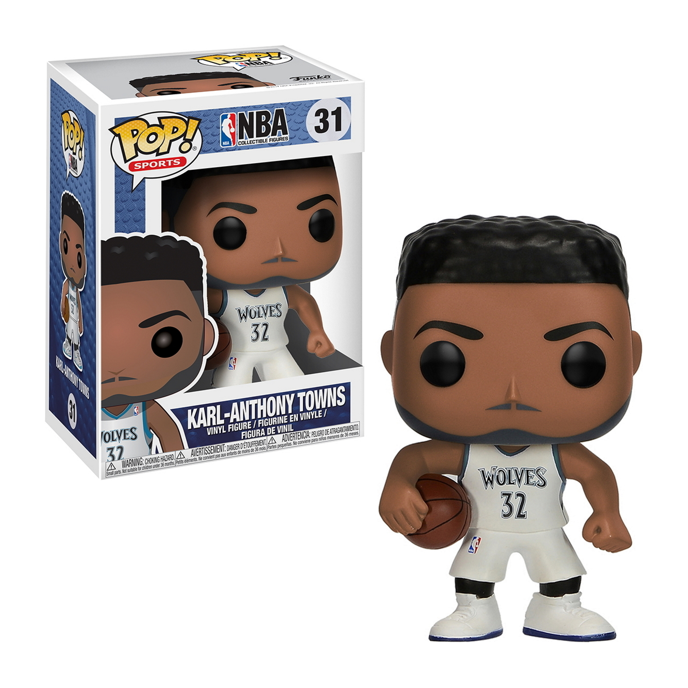 Karl-Anthony Towns-Figur in einem Wolves-Trikot mit Basketball. Die Figur steht. Boxfigur vorhanden.