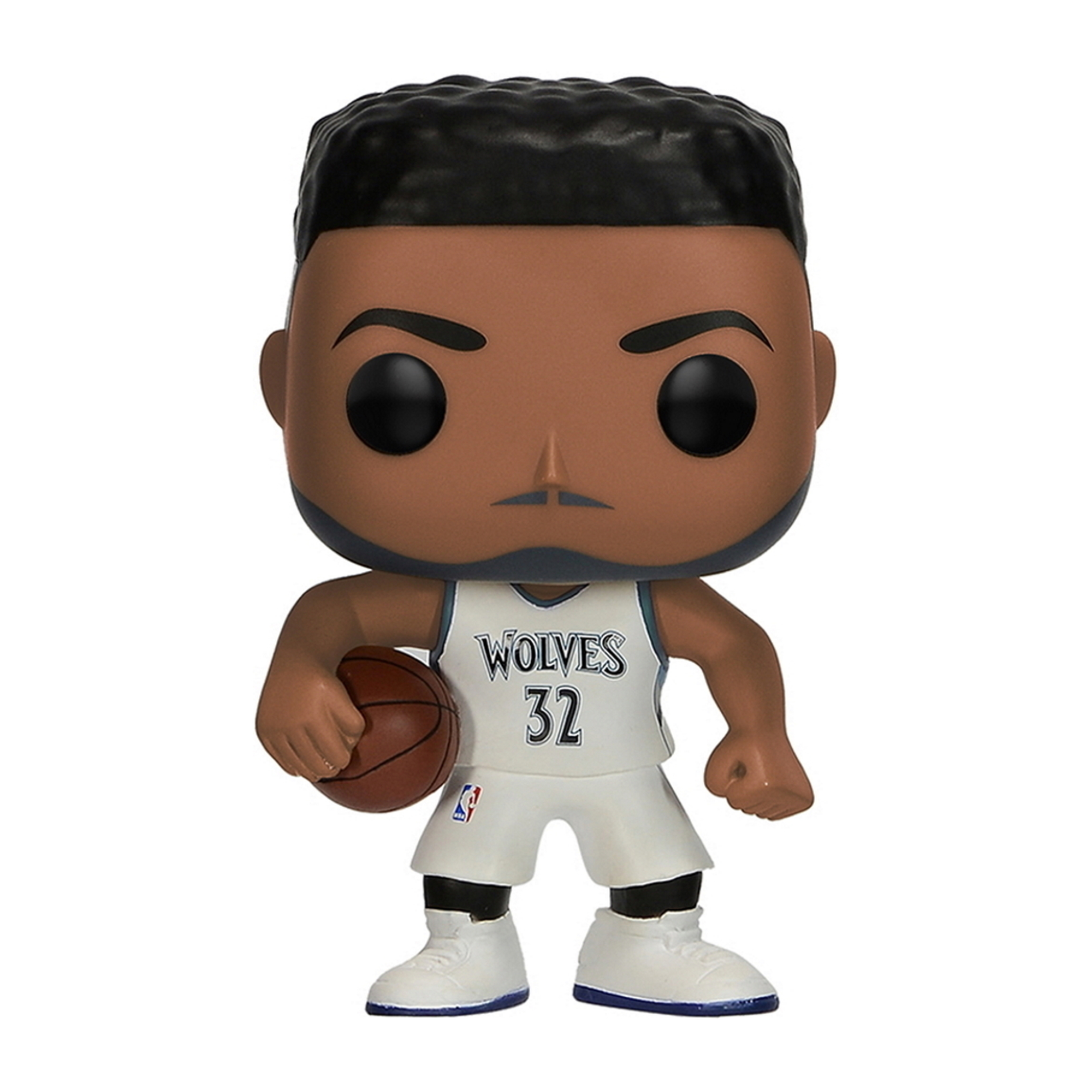 Funko Pop-Figur eines Basketballspielers mit Ball, im Wolves-Trikot.