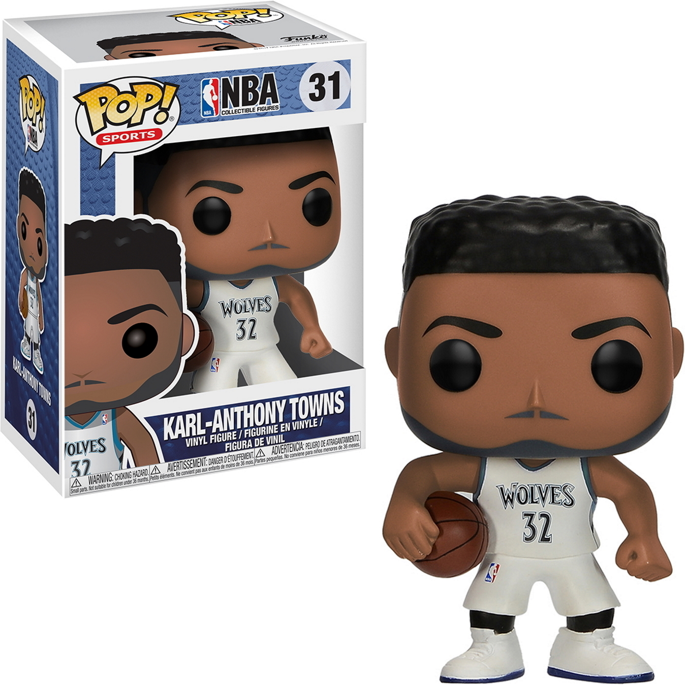 Karl-Anthony Towns Figur. Timberwolves Trikot, hält einen Basketball. In Box.