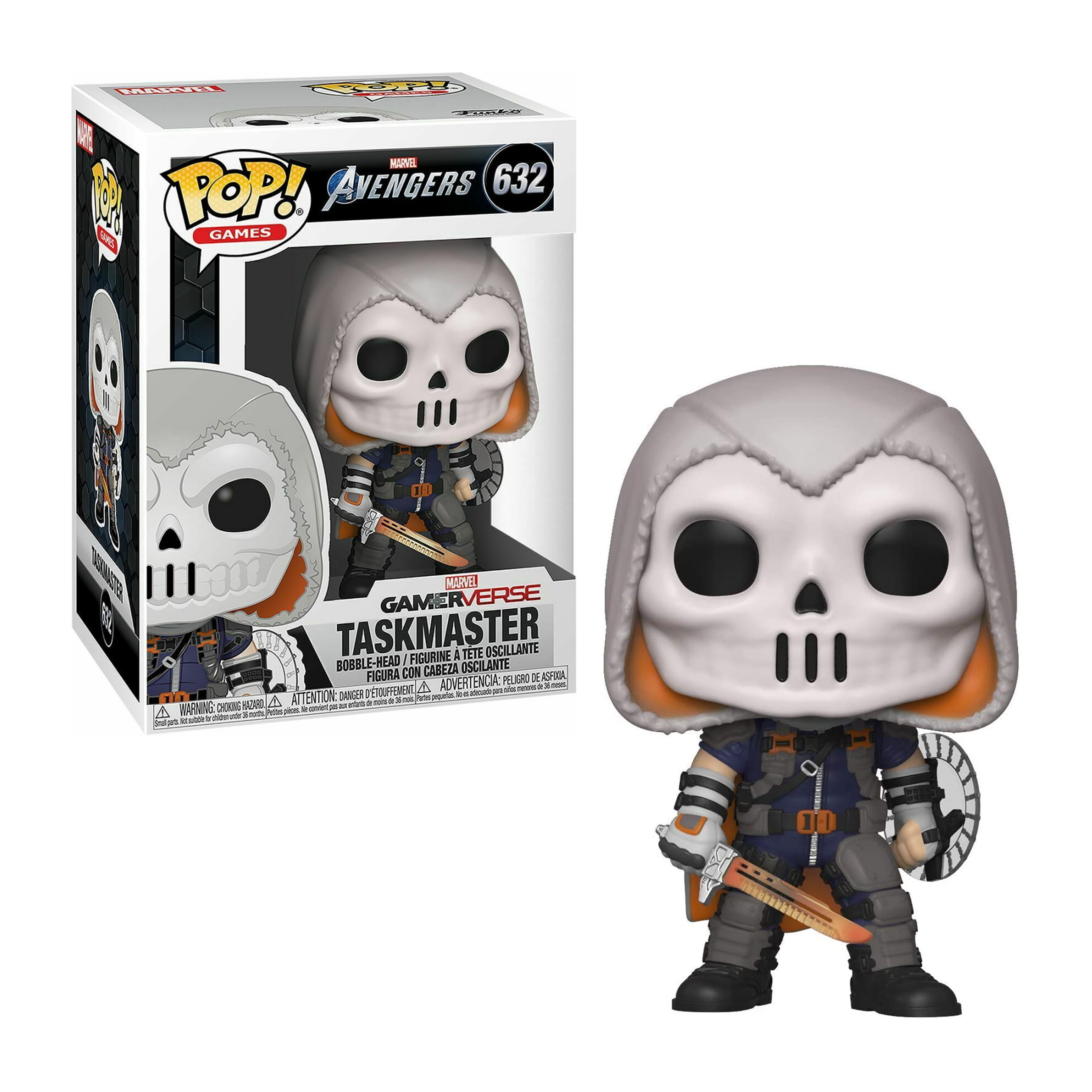 Personaggio Taskmaster Funko Pop con scatola. La figura indossa una maschera a teschio e tiene spada e scudo.
