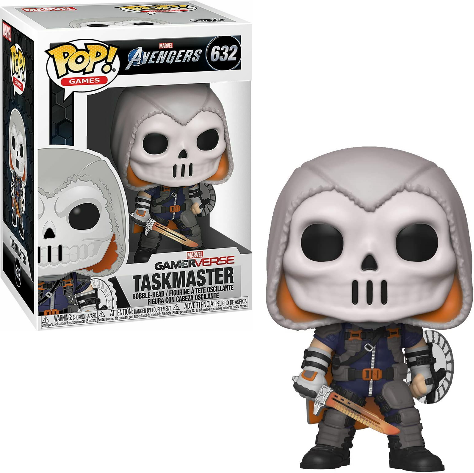 Figura Funko Pop di Taskmaster, con maschera a forma di teschio, scudo e spada.