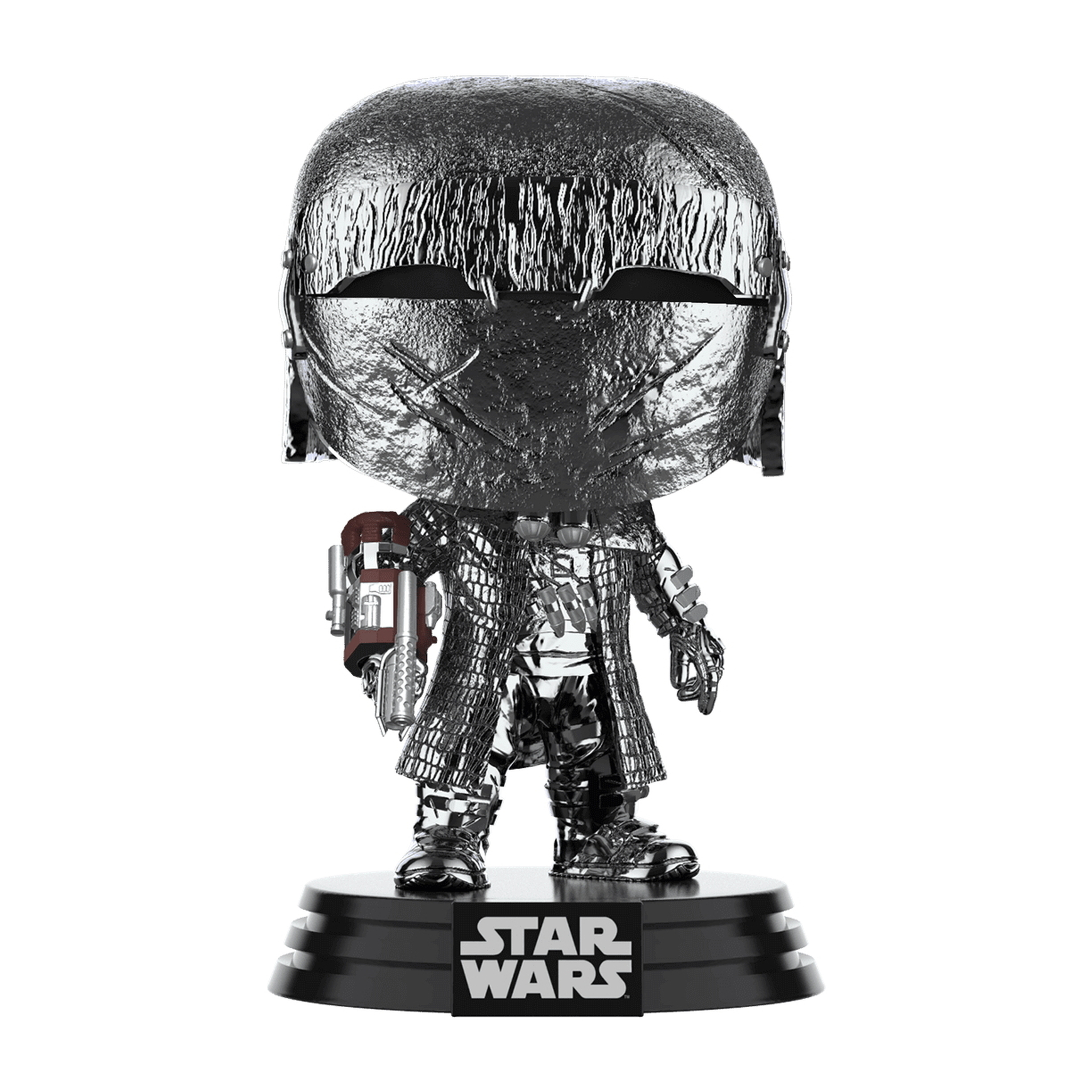 Srebrna figurka Funko Pop postaci z Gwiezdnych Wojen w metalicznym srebrnym pancerzu i podstawie.