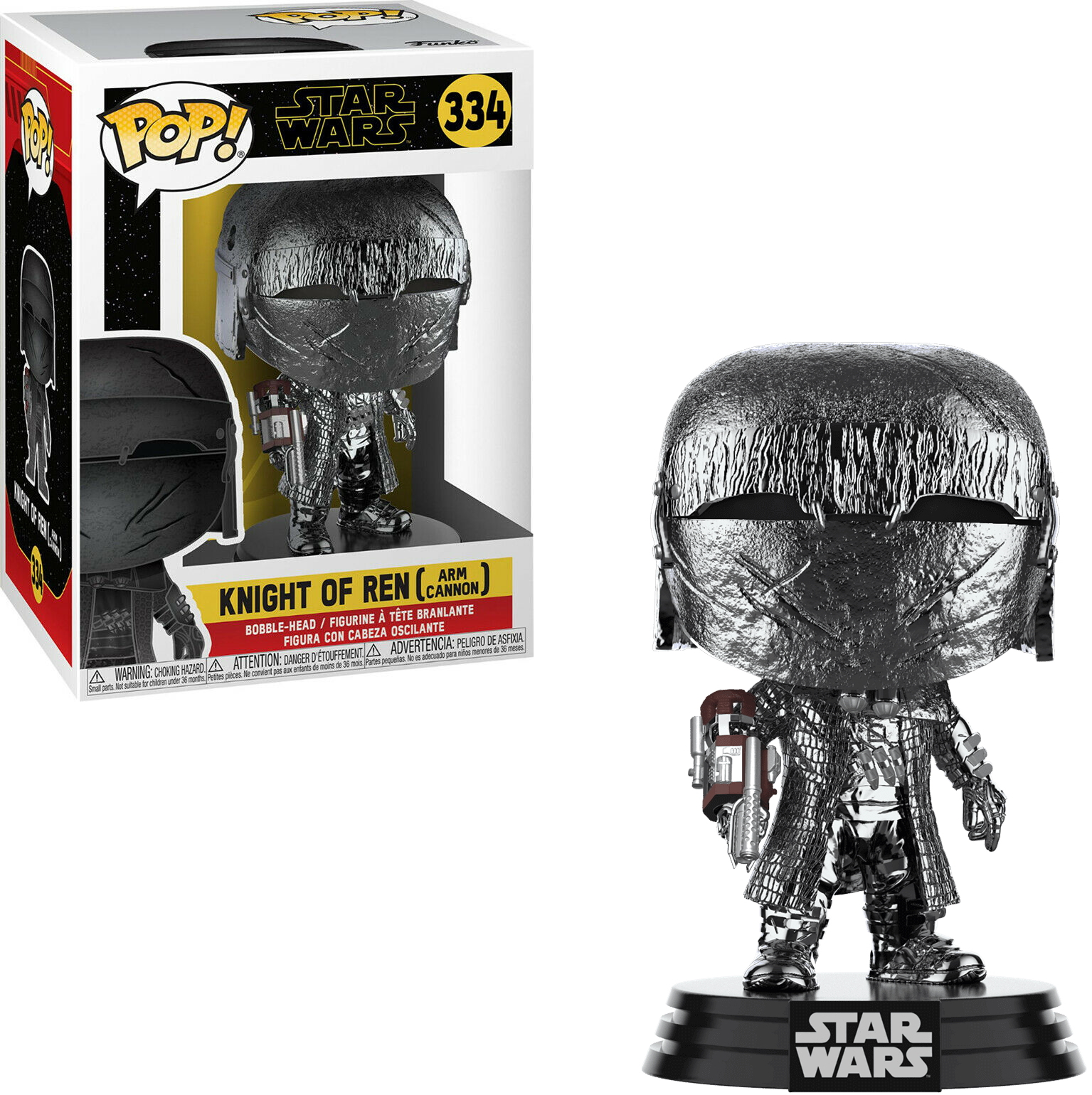 Figurka Knight of Ren (Arm Cannon) Funko Pop!, postać z Gwiezdnych Wojen, stoi na podstawie, obok swojego pudełka.