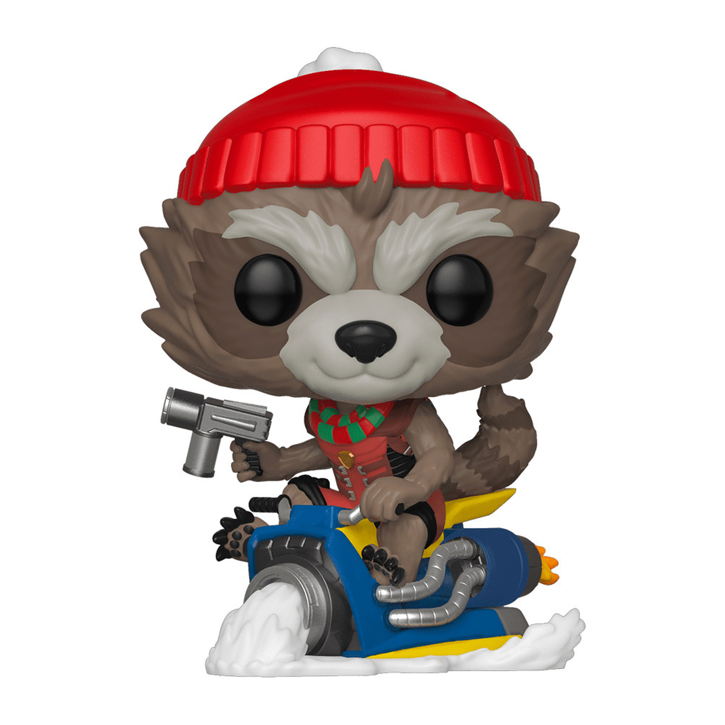 Figura di Rocket Raccoon con cappello rosso su un jet blu. È una statuetta Funko Pop.