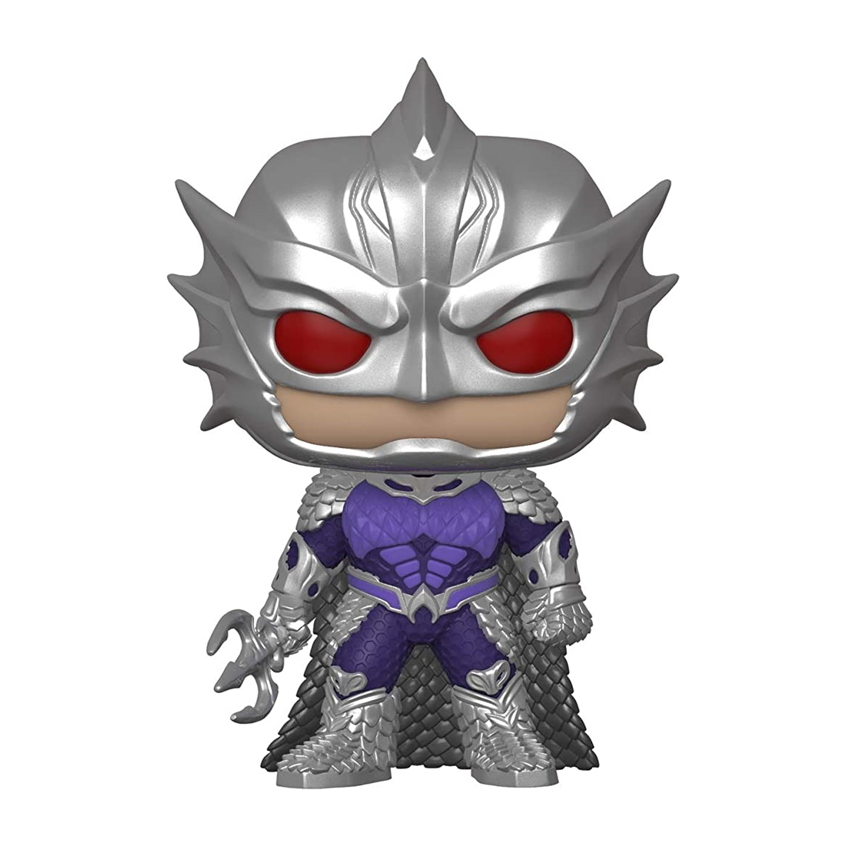 Eine Funko Pop-Figur von Aquaman, der einen silbernen Helm, Rüstung und Dreizack trägt.