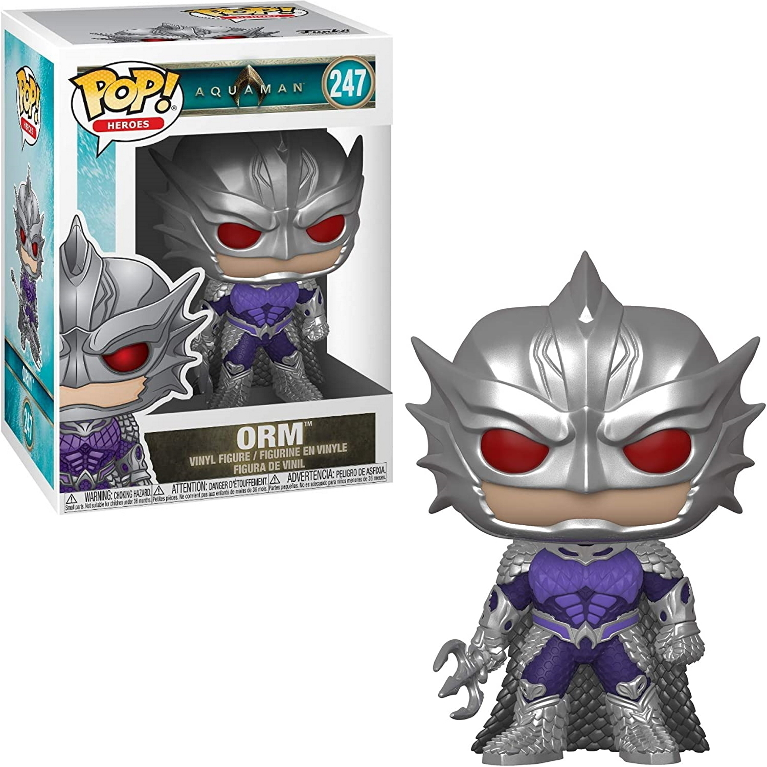 Funko Pop-Figur von Orm, einem Aquaman-Bösewicht, in einer Box. Die Figur ist in Silber und Lila gehalten.