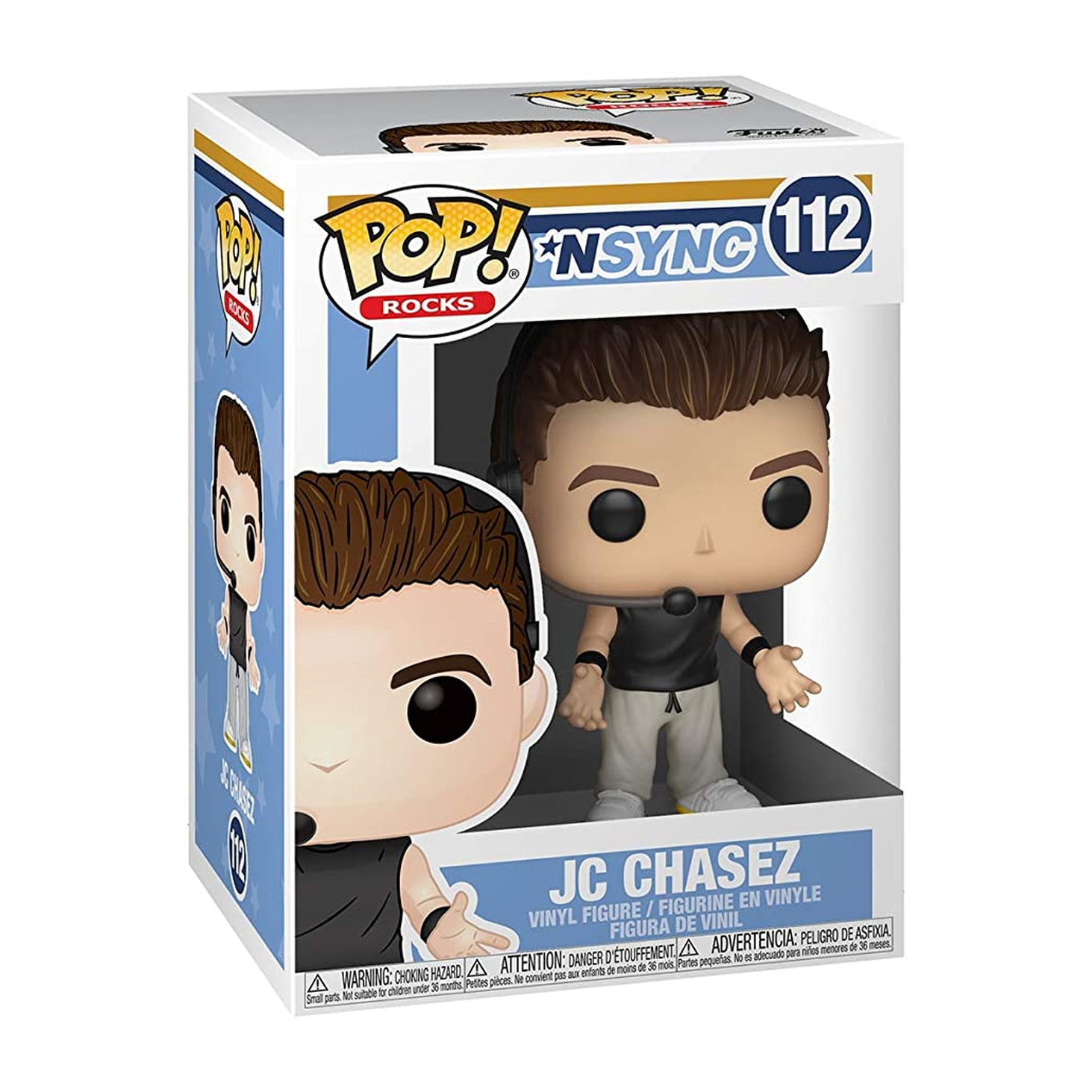 Personaggio Pop di JC Chasez NSYNC in scatola. Indossa una maglietta nera e ha i capelli corti castani. La scatola mostra 112.