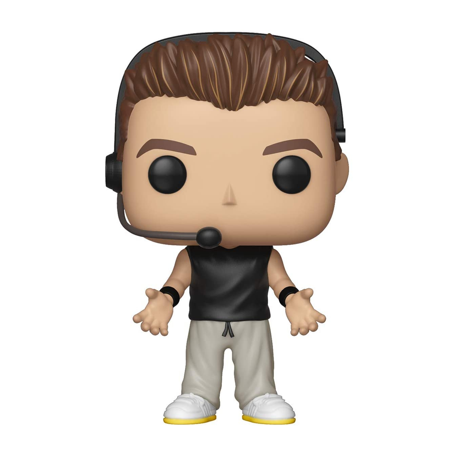 Figura Funko Pop di un uomo con cuffie, top nero e pantaloni grigi, pelle chiara.