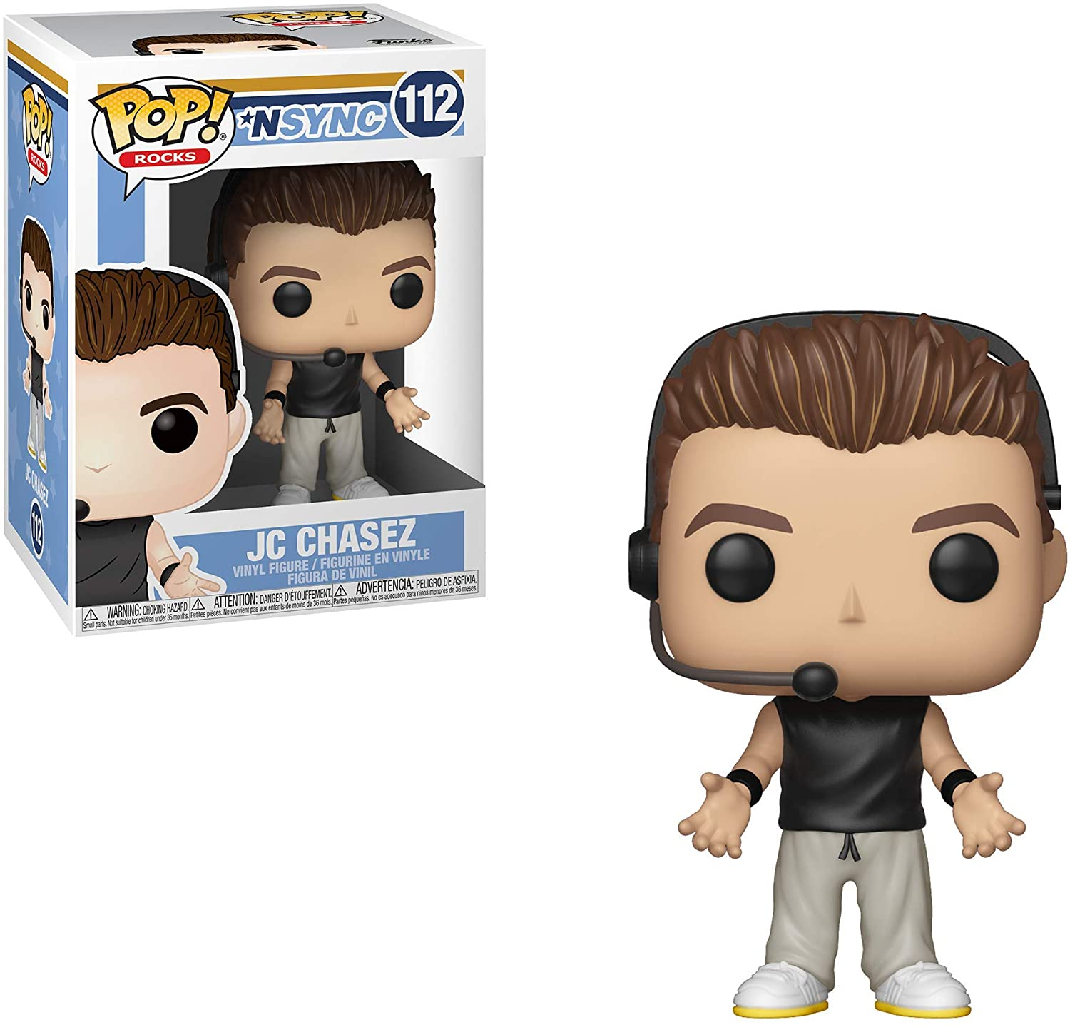 Figura Funko Pop di JC Chasez dentro e fuori dalla scatola. Indossa cuffie e camicia nera.