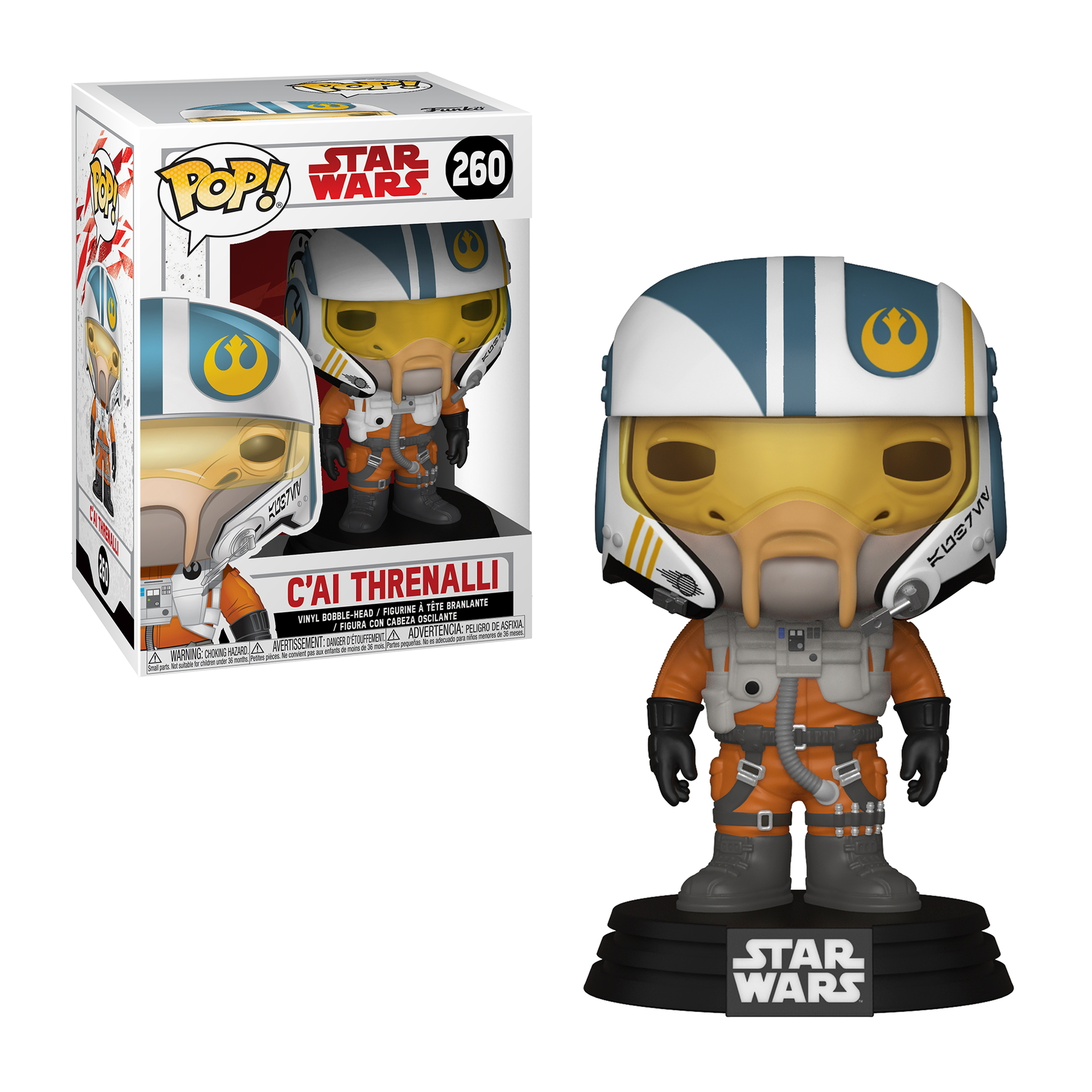 C'ai Threnalli Figur aus Star Wars, in orange-weißer Uniform, mit Box auf weißem Hintergrund.