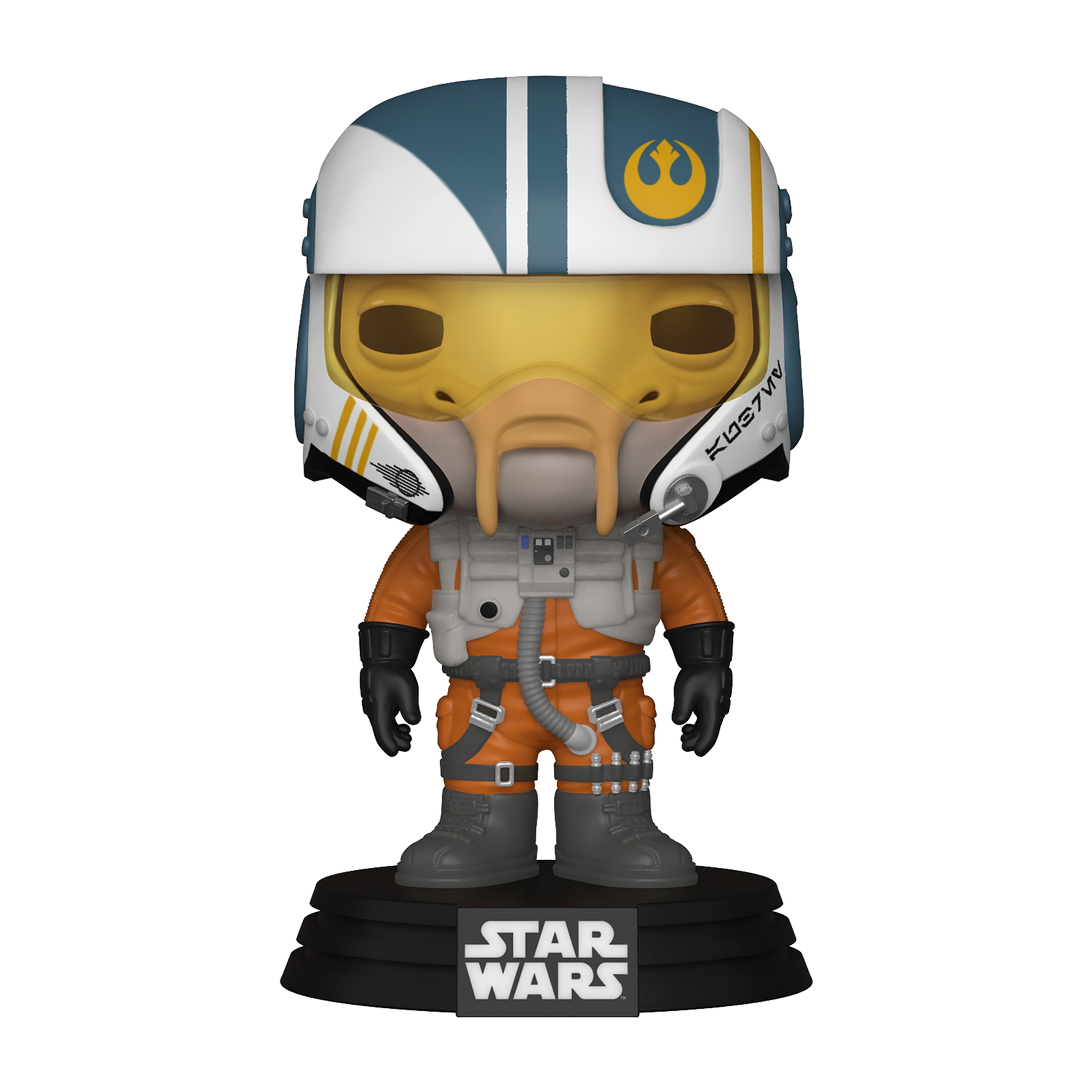 Star Wars Figur, Pilot, orangefarbener Anzug, Helm mit Logo, steht auf schwarzer Basis.