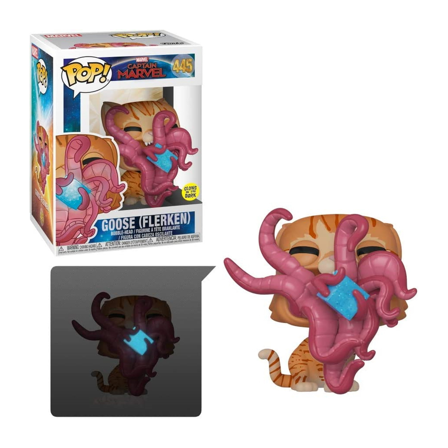 Funko Pop von Goose (Flerken), einer Katze mit rosa Tentakeln und einer blauen Box.