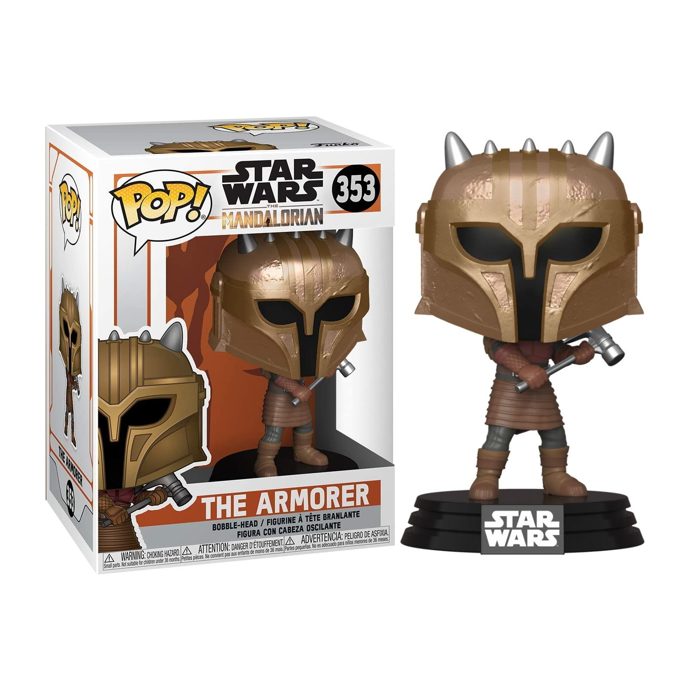 The Armorer aus The Mandalorian Funko Pop! Figur. Goldene Rüstung, hält einen Hammer. Star Wars.
