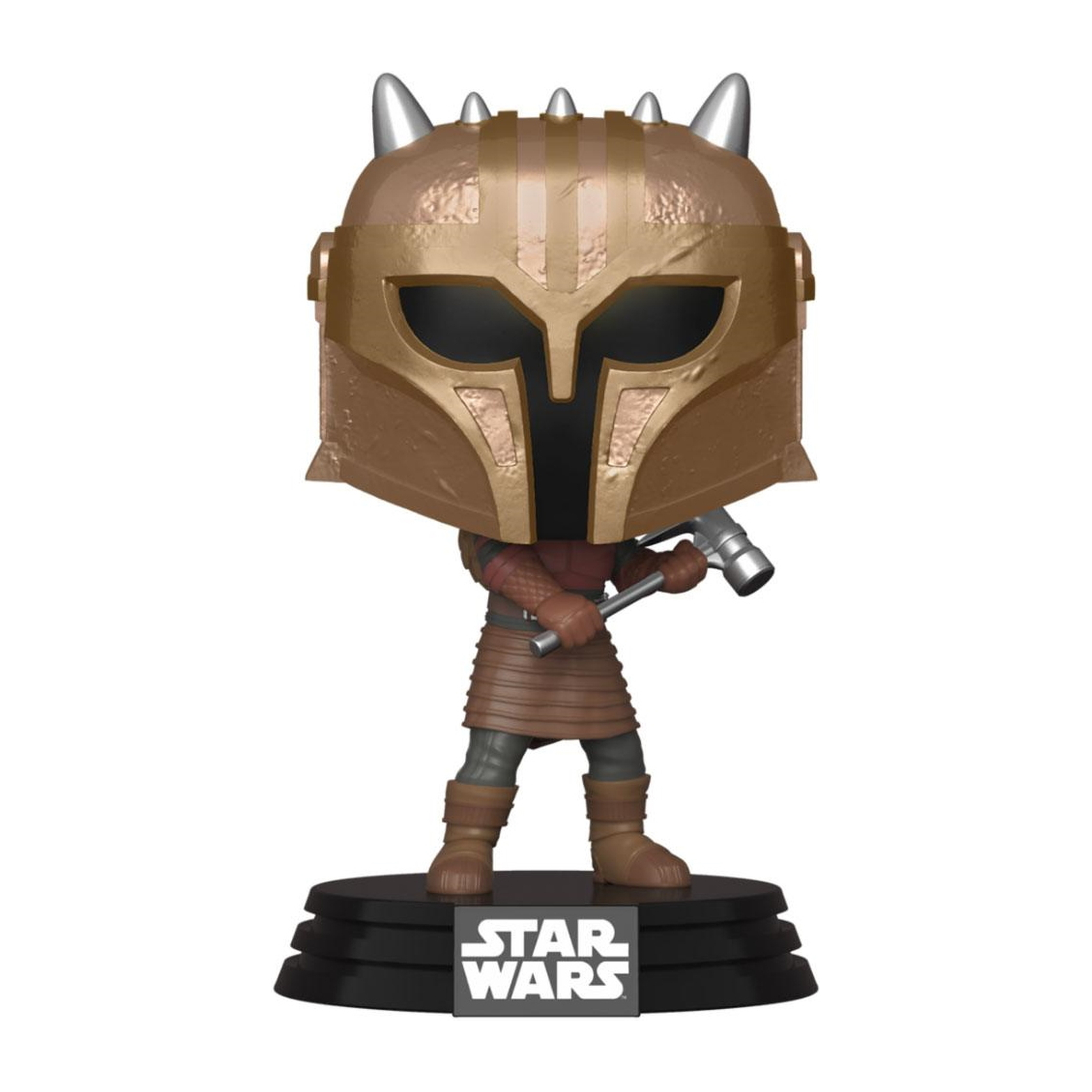 The Armorer Funko Pop! Figur. Goldener Helm, braune Rüstung und Hammer. Schwarze Basis.