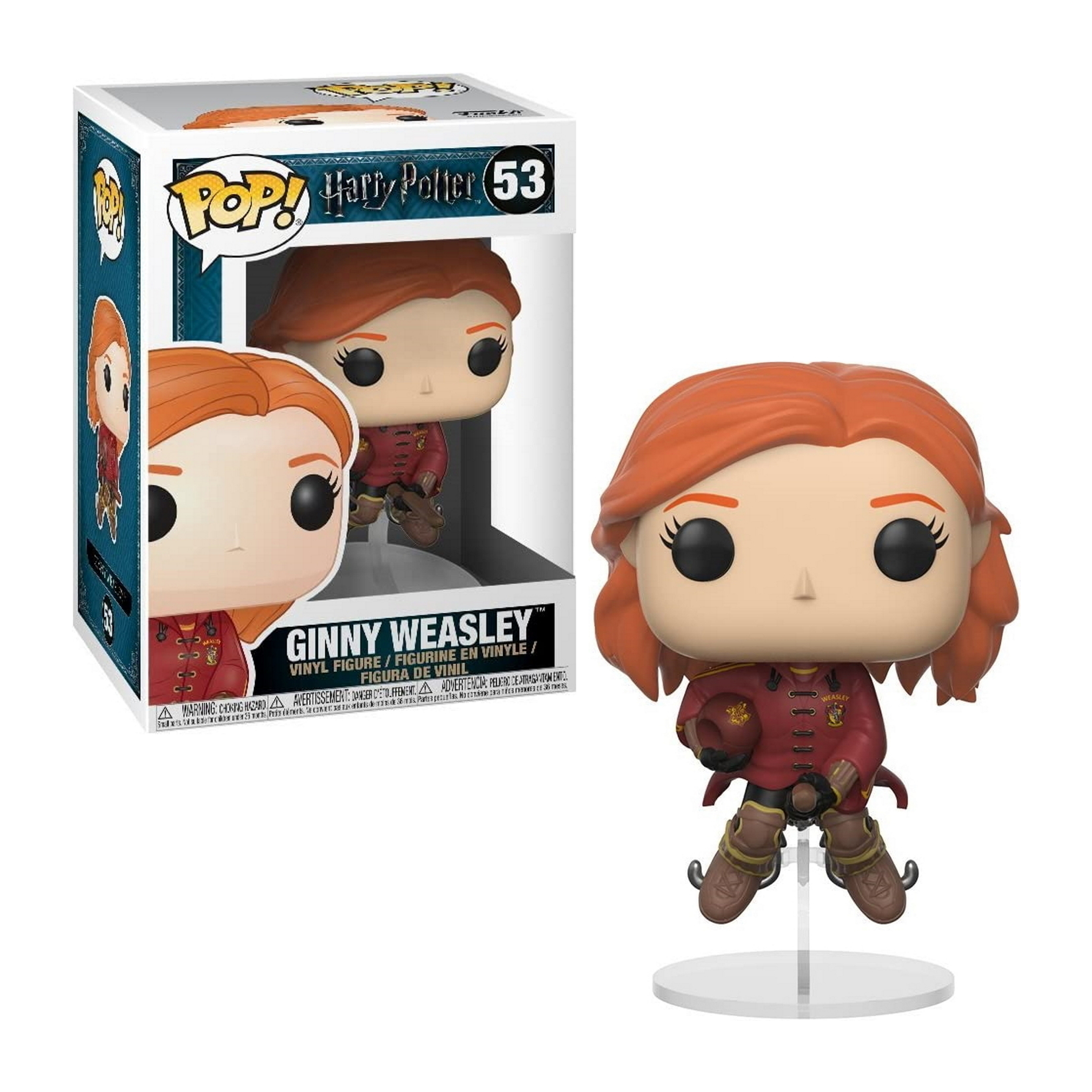 Eine Ginny Weasley Funko Pop Figur in einer Box und die Figur, die auf einer durchsichtigen Basis steht.