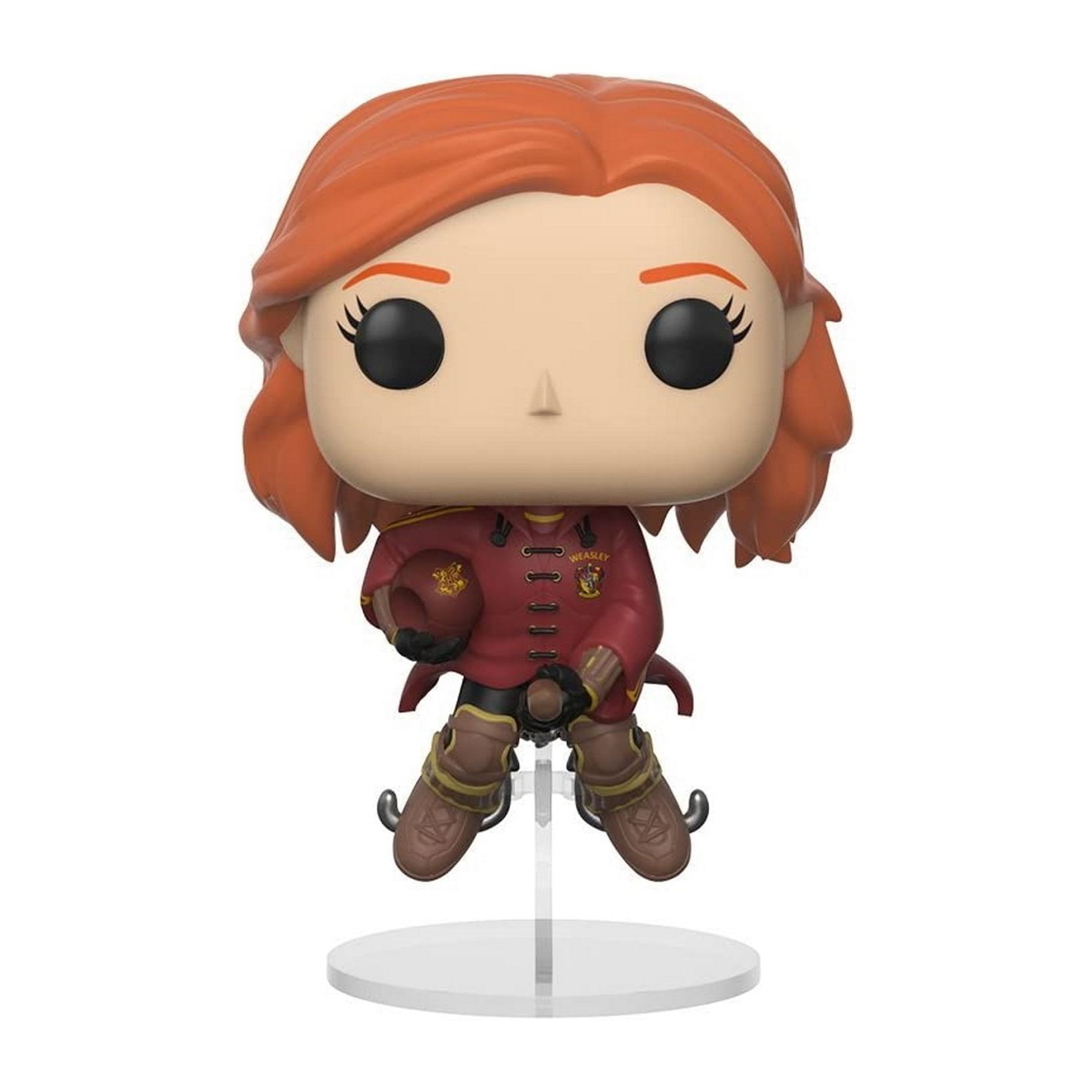 Funko Pop Figur eines rothaarigen Mädchens in Quidditch-Uniform, hält einen Ball, klarer Ständer.