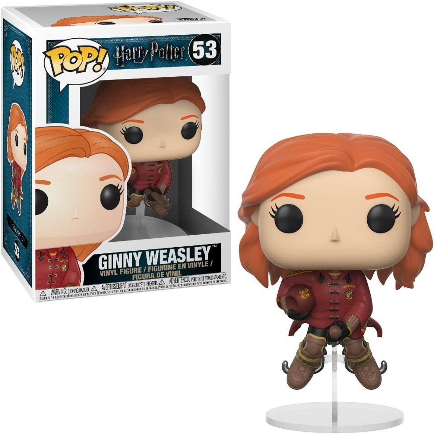 Funko Pop einer weiblichen Figur mit roten Haaren in einer weinroten Uniform, die einen Ball hält.