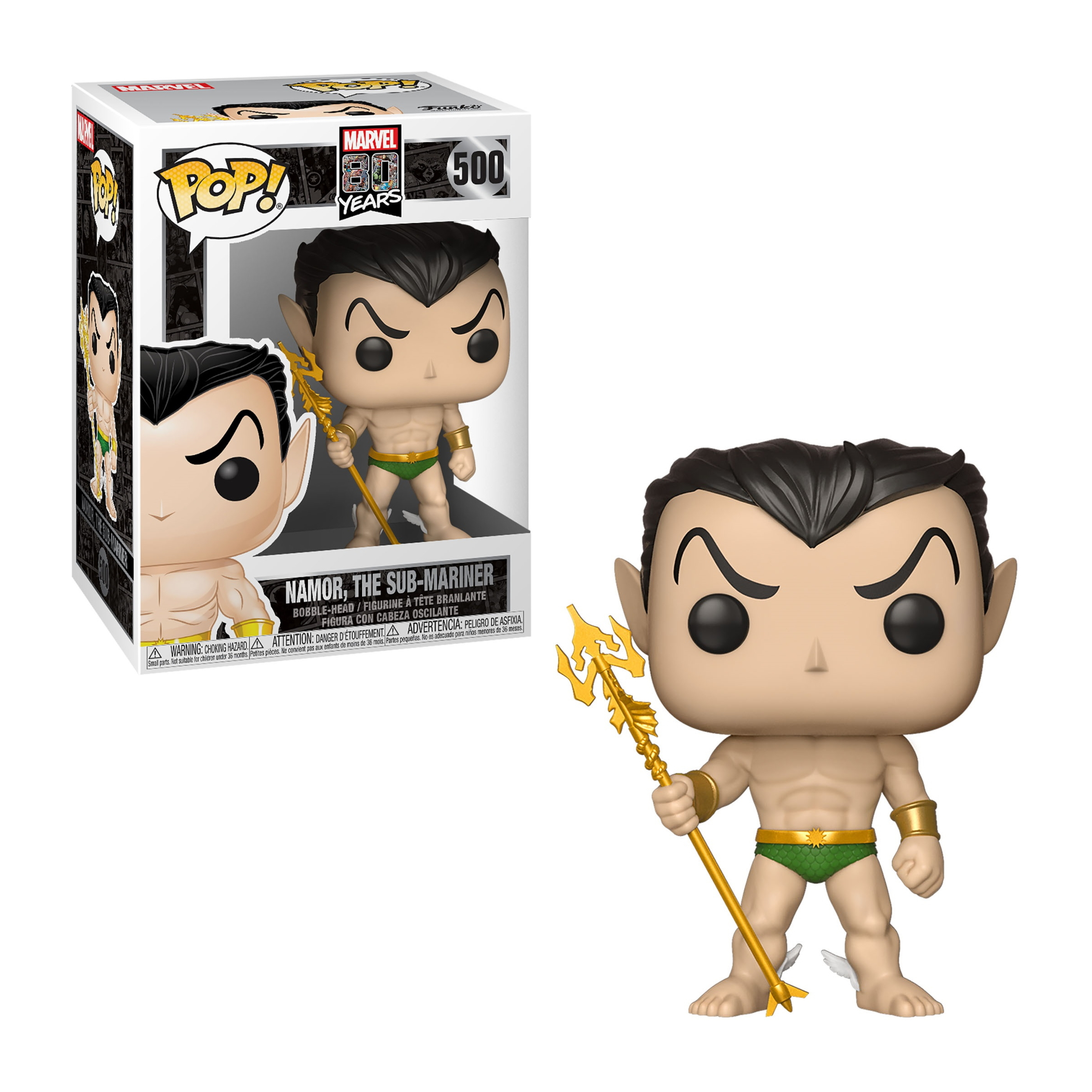 Figura Funko Pop di Namor, il Sub-Mariner. Ha slip verdi, tridente d'oro e capelli neri.