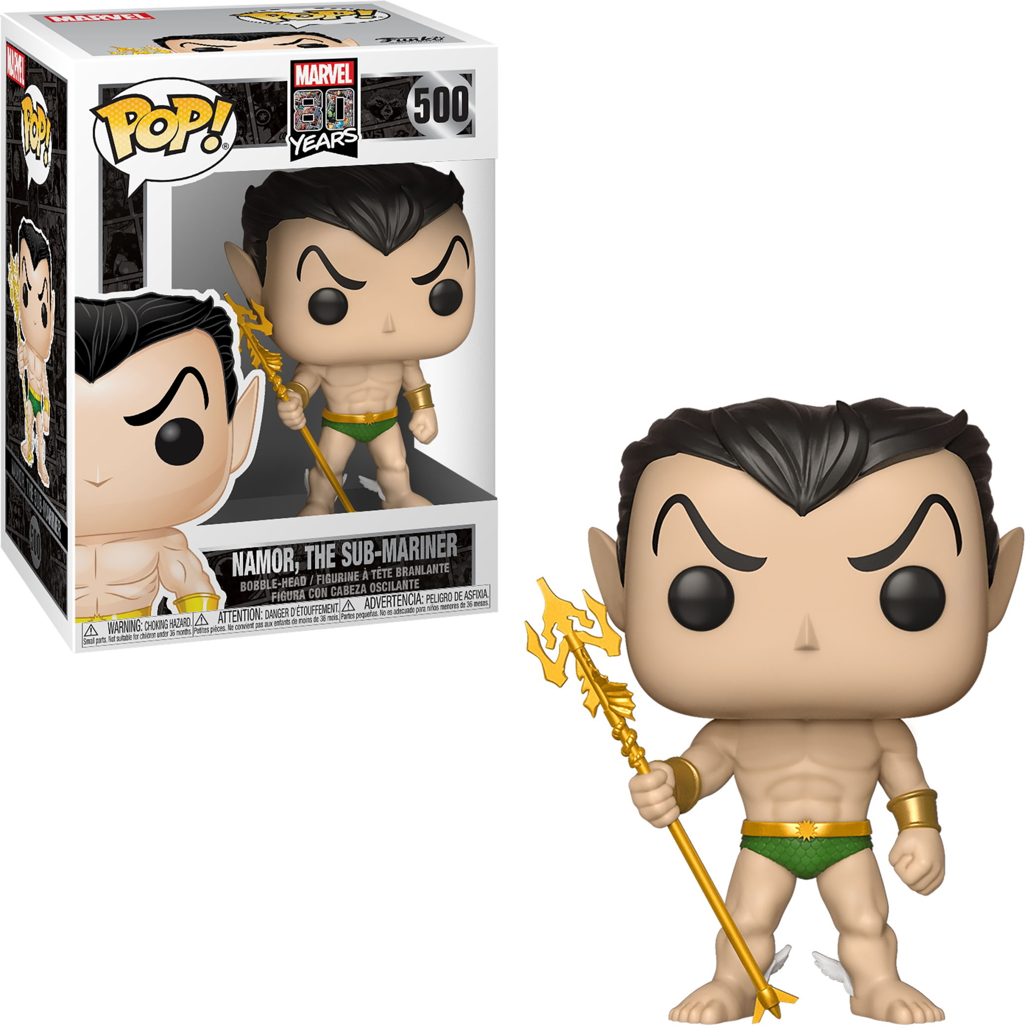Figura Funko Pop di Namor il Sub-Mariner, calzoncini verdi, tridente d'oro, nella scatola.