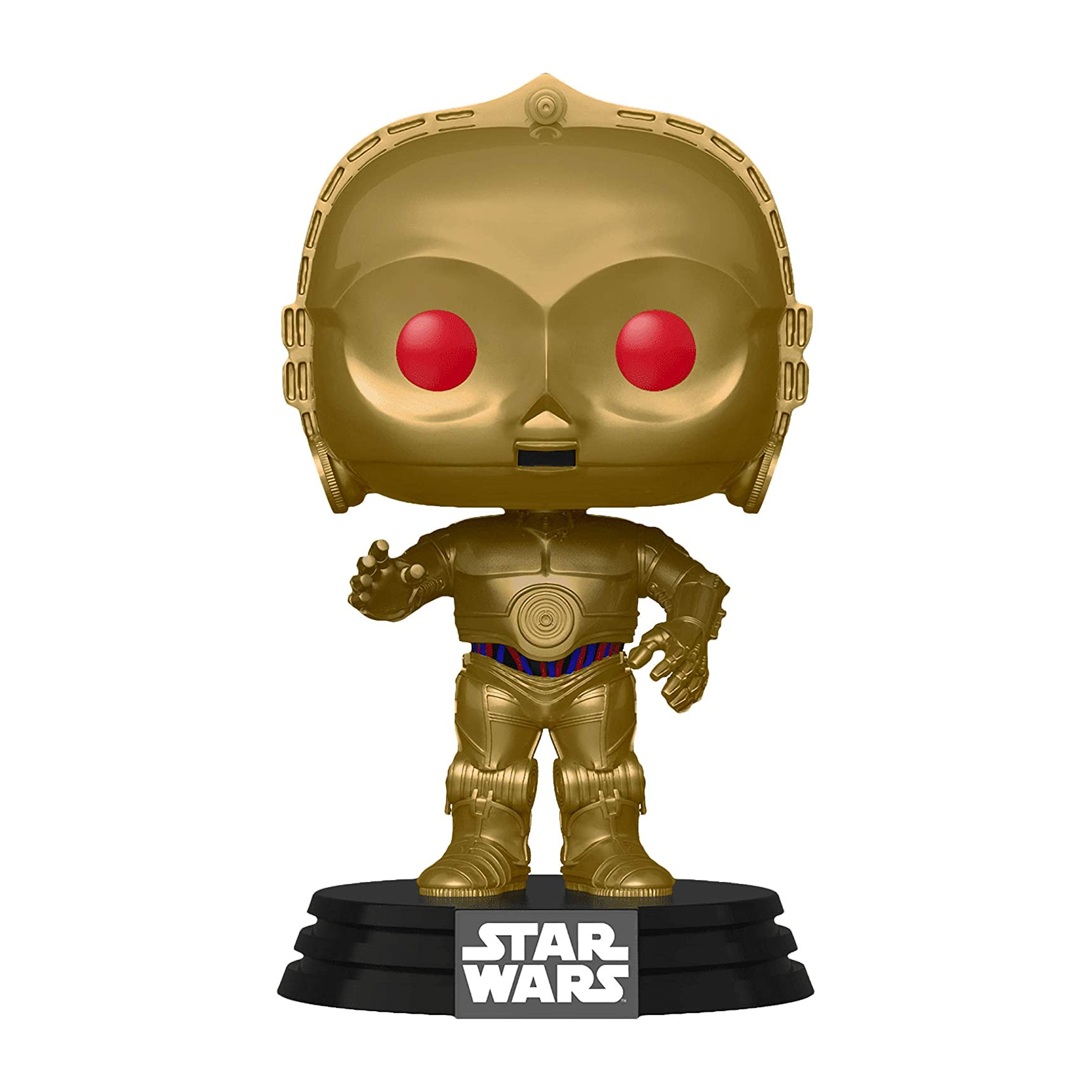 C-3PO Star Wars Figur. Goldene Farbe, rote Augen, schwarze Basis. Box mit Bild.