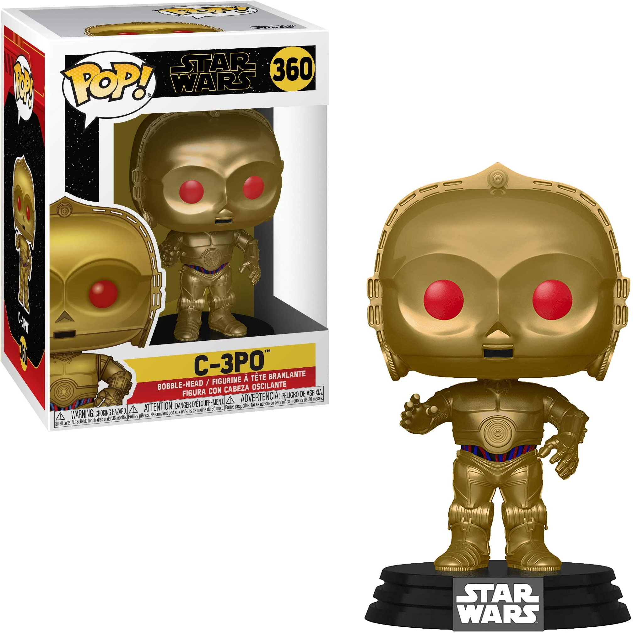 C-3PO-Figur aus Star Wars, goldfarben, stehend auf einer Basis. Boxfigur ist ebenfalls vorhanden.
