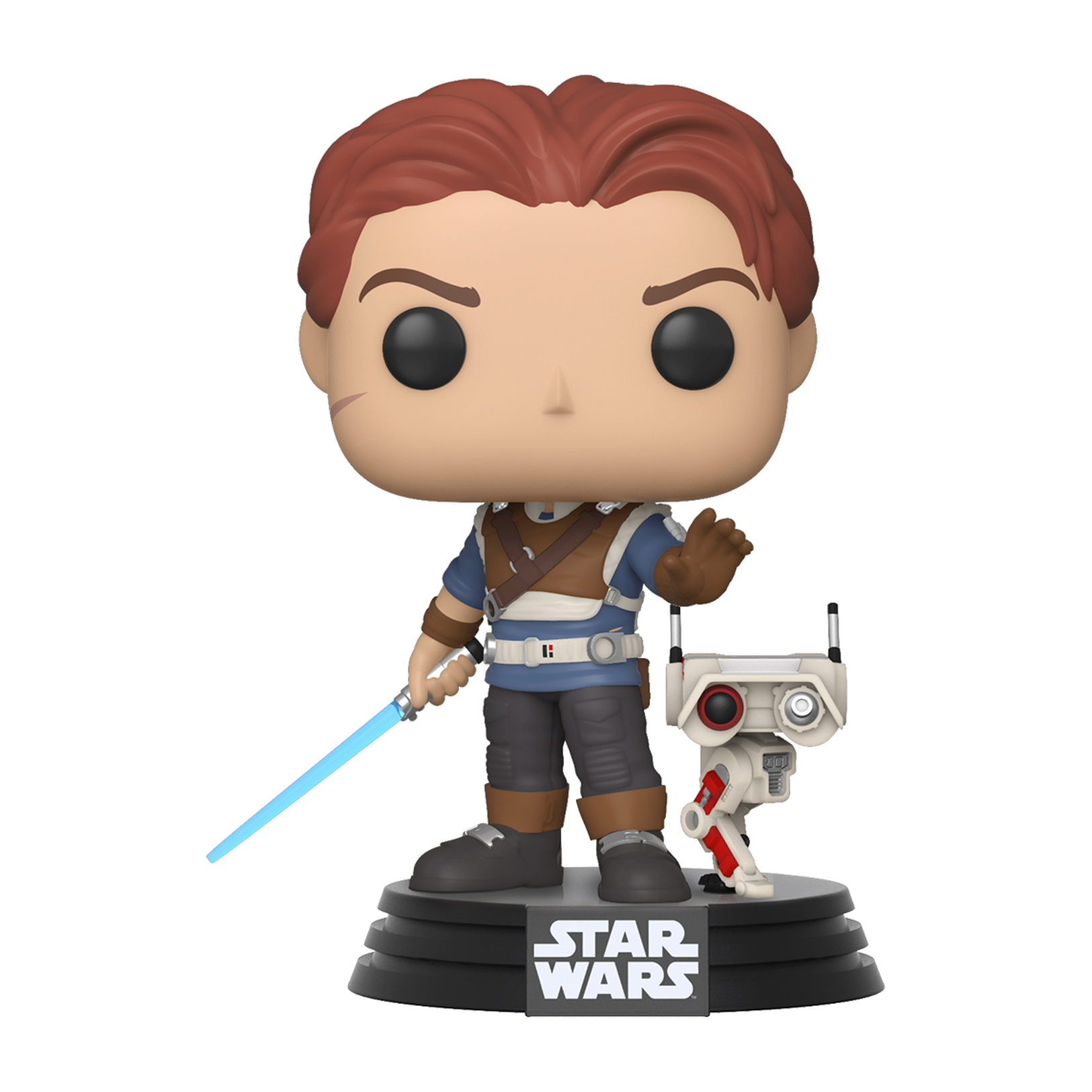 Figurka Funko Pop Star Wars Jedi Cal Kestis z mieczem świetlnym i droidem.