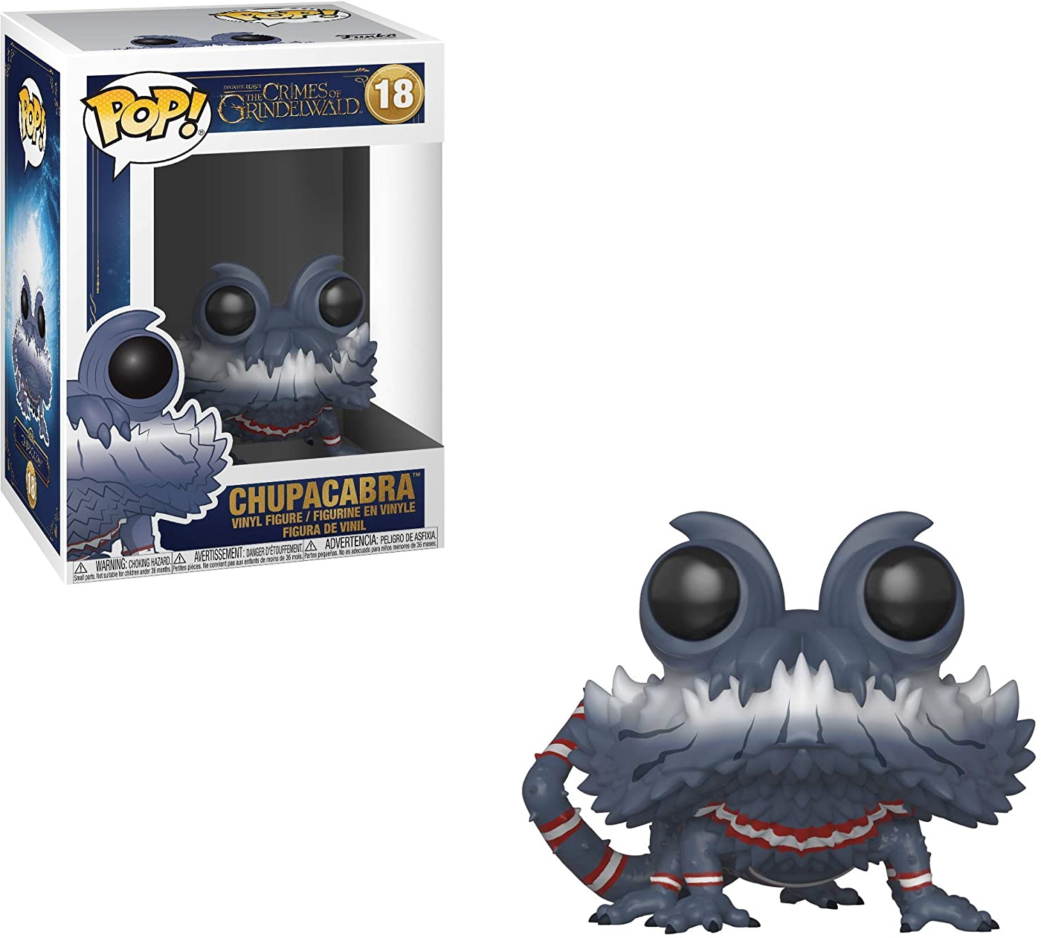 Funko Pop di Chupacabra da Animali Fantastici, con corpo peloso grigio e bianco e strisce rosse.