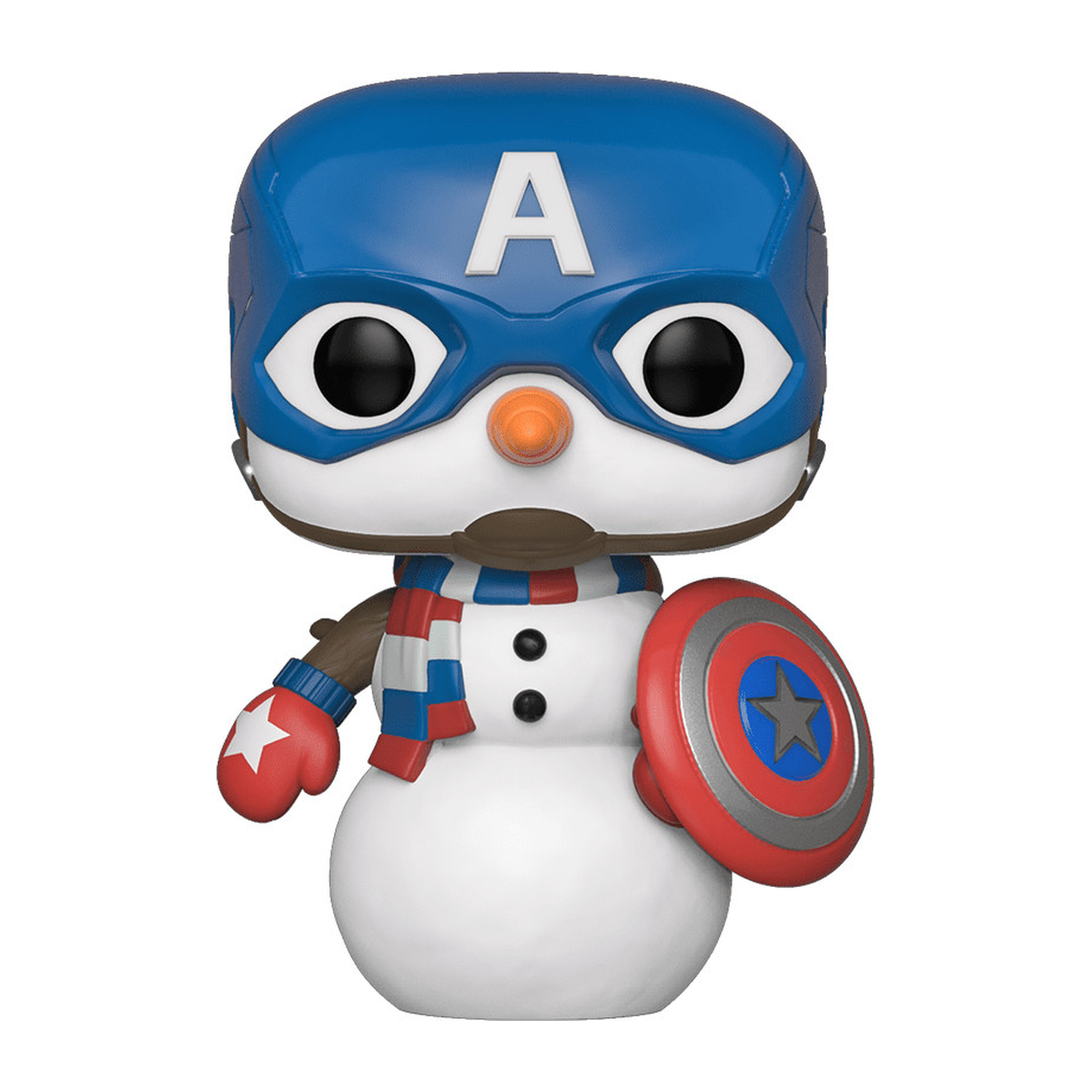 Ein Schneemann Captain America Funko Pop, mit blauem Helm und Schild.