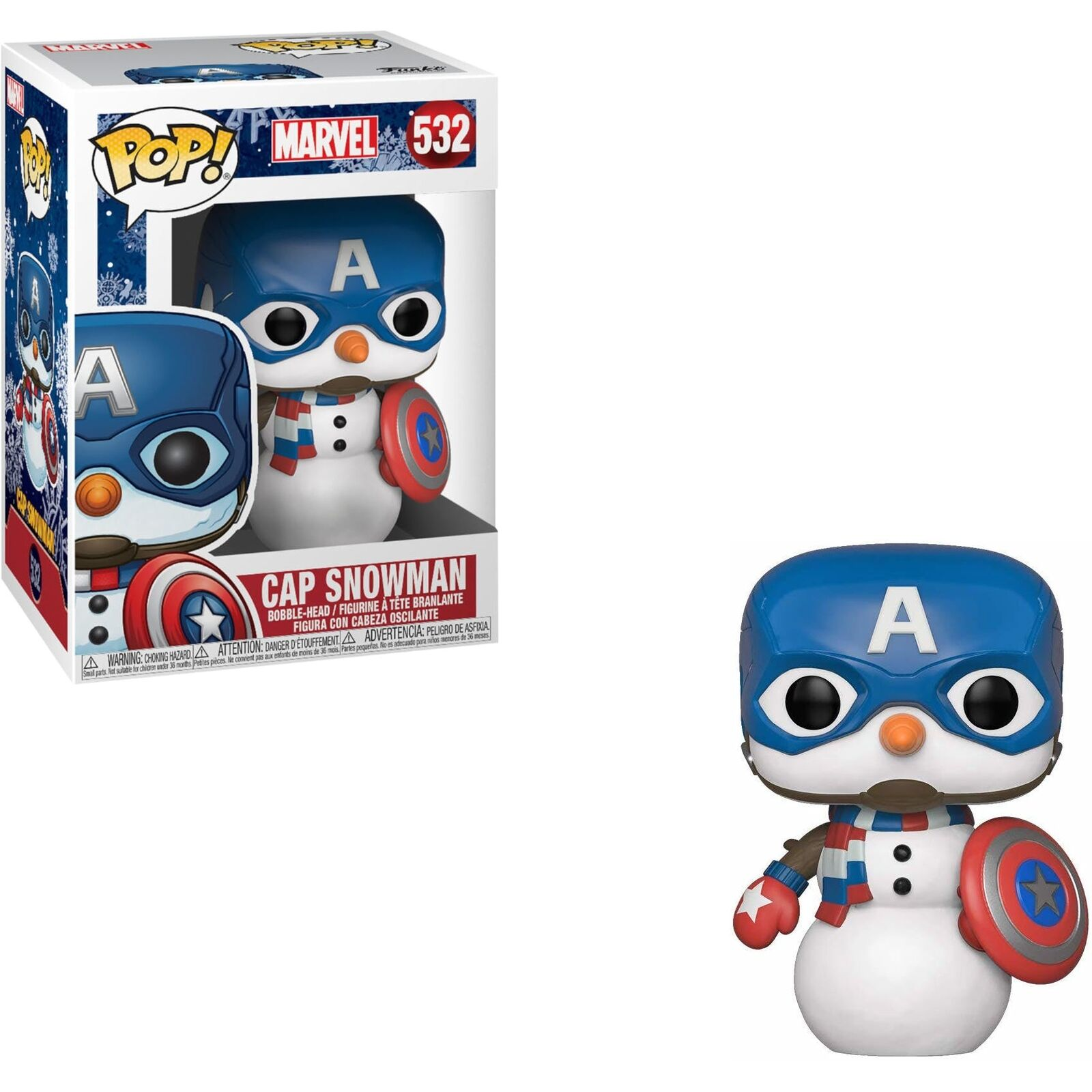 Captain America Schneemannfigur mit blauem Helm und Schild, Schal tragend und Schild haltend.