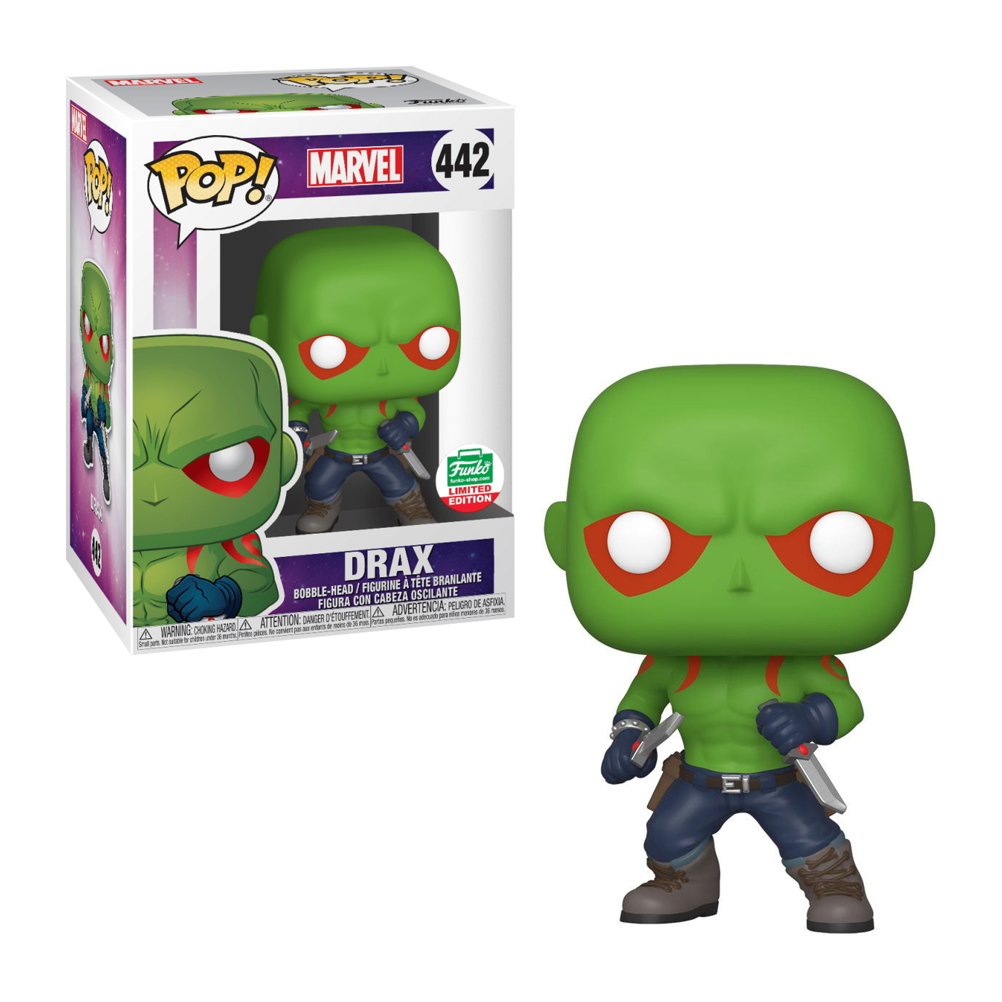 Drax Funko Pop Figur in Grün mit roten Markierungen. Er hat rote Markierungen im Gesicht und zwei Messer.