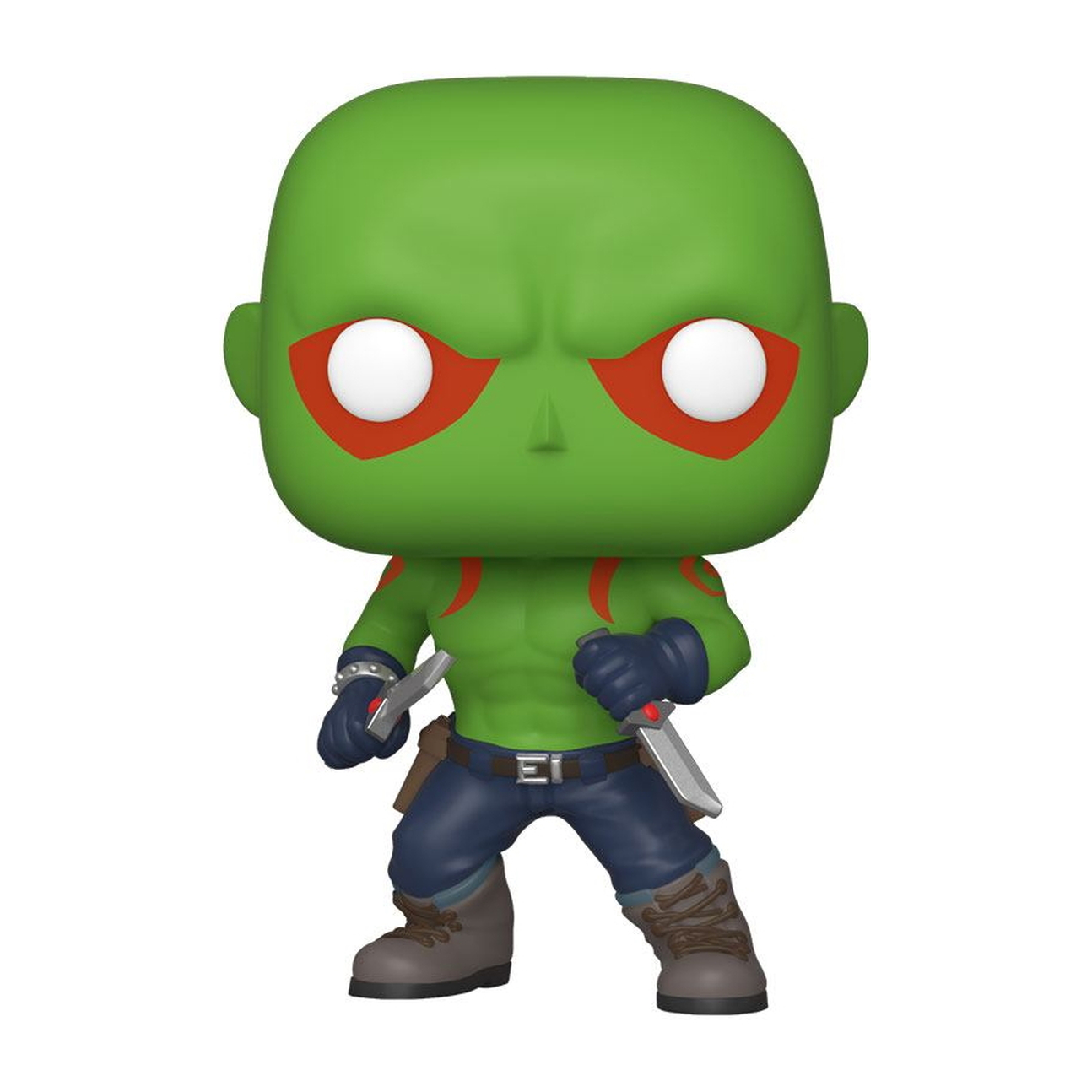 Funko Pop Figur von Drax, einer grünhäutigen Figur, die zwei Messer hält. Er trägt blaue Hosen.