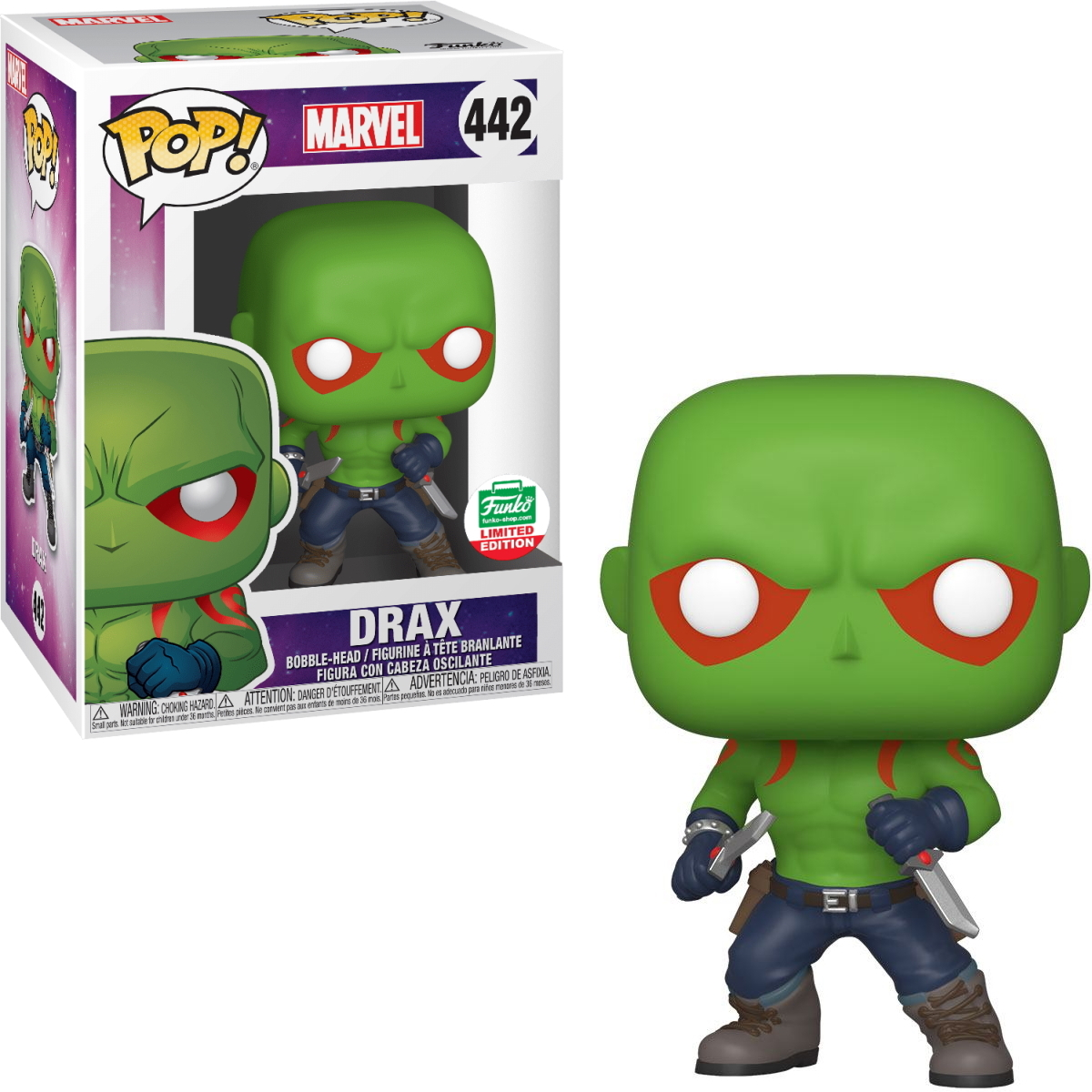 Eine Funko Pop Figur von Drax mit grüner Haut, roten Markierungen und zwei Messern, mit Box.