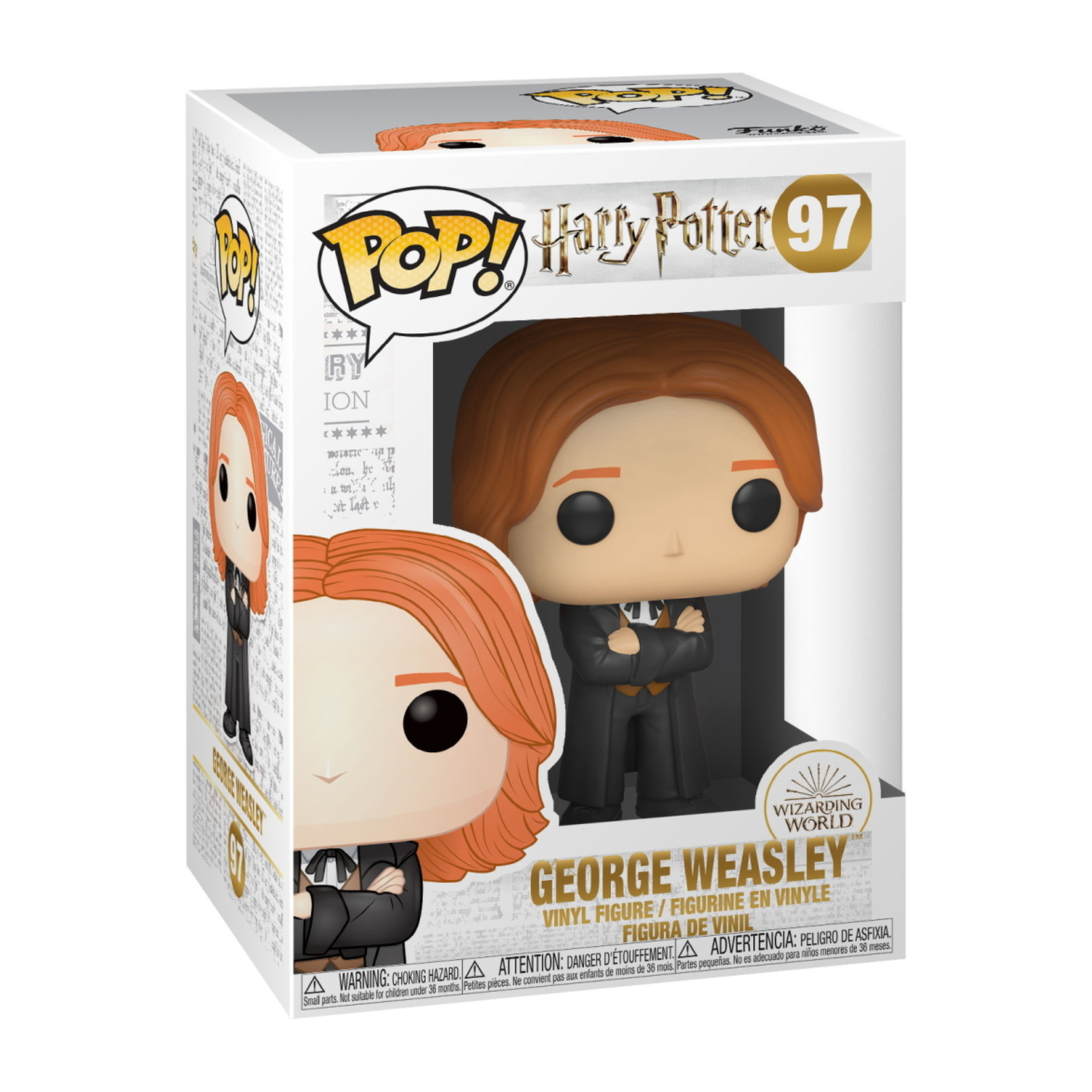 George Weasley Funko Pop Figur in der Box. Rothaariger Mann in schwarzer Kleidung. Box ist Harry Potter Thema.