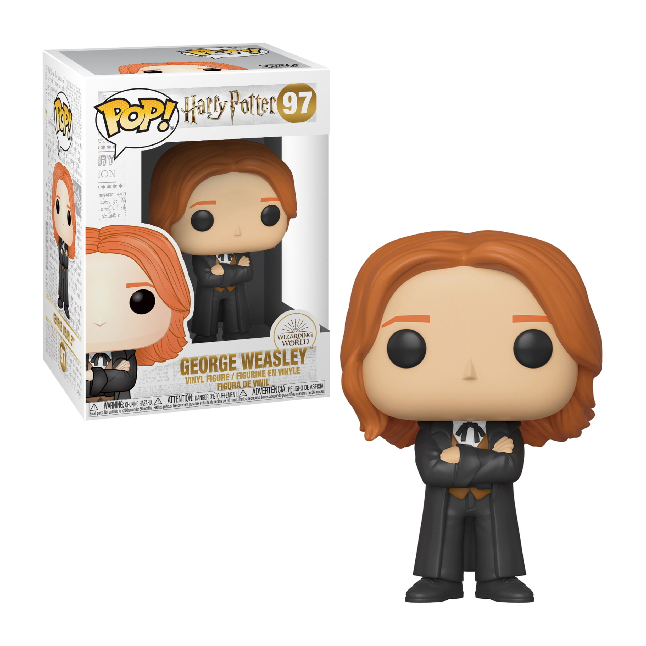 George Weasley Funko Pop Figur, im schwarzen Anzug. Rotes Haar, verschränkte Arme, aus Harry Potter.