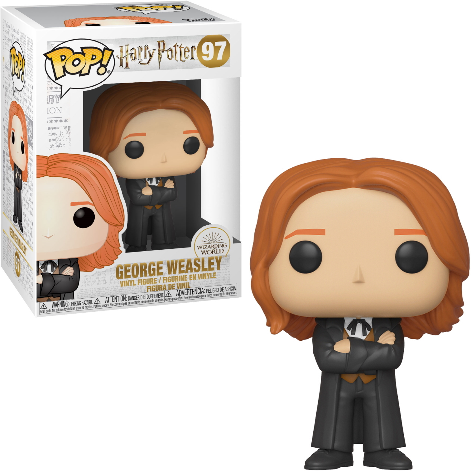 George Weasley Funko Pop Figur in schwarzen Roben mit Box.