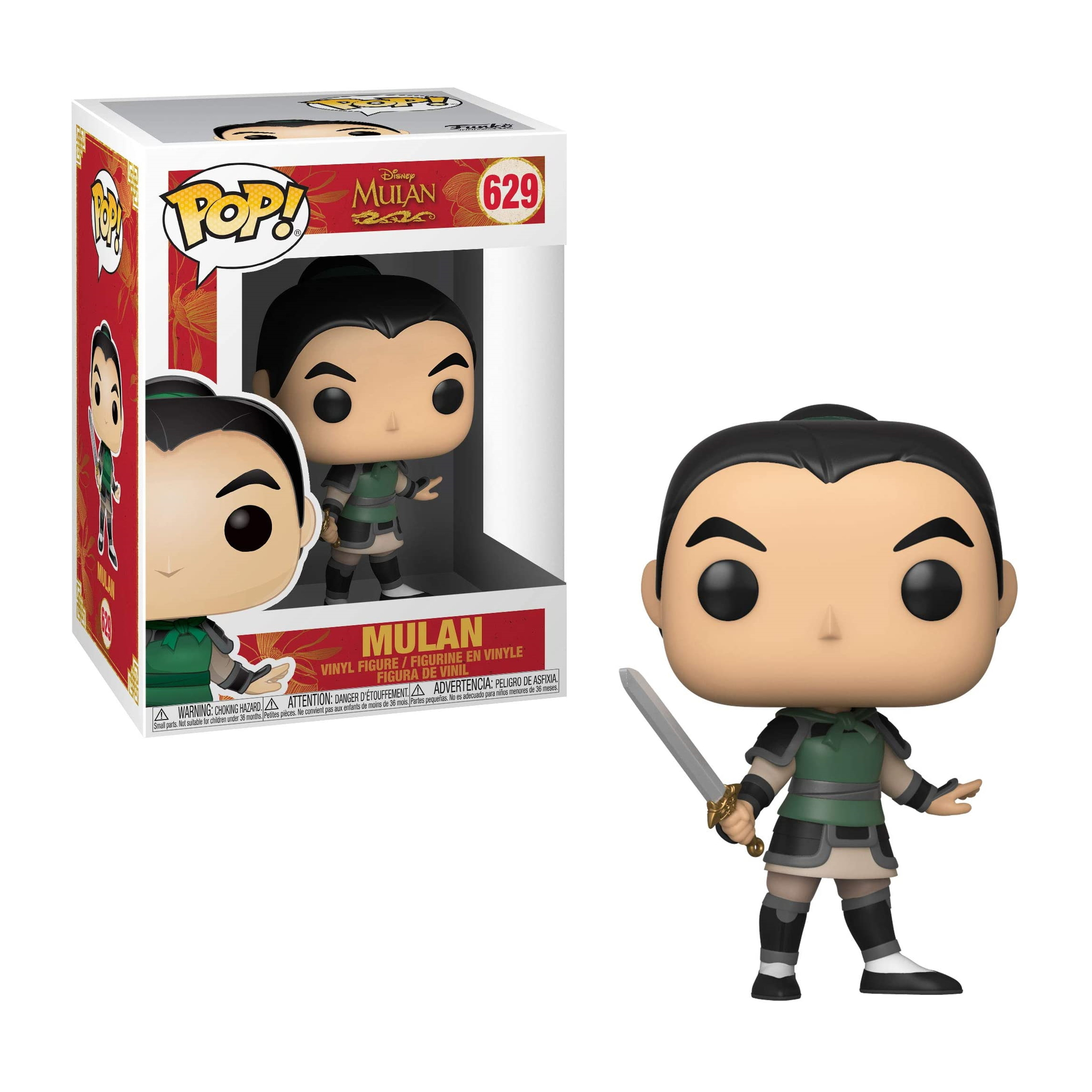 Funko Pop di Mulan con una spada, in un abito verde, in piedi accanto alla scatola con la sua immagine.