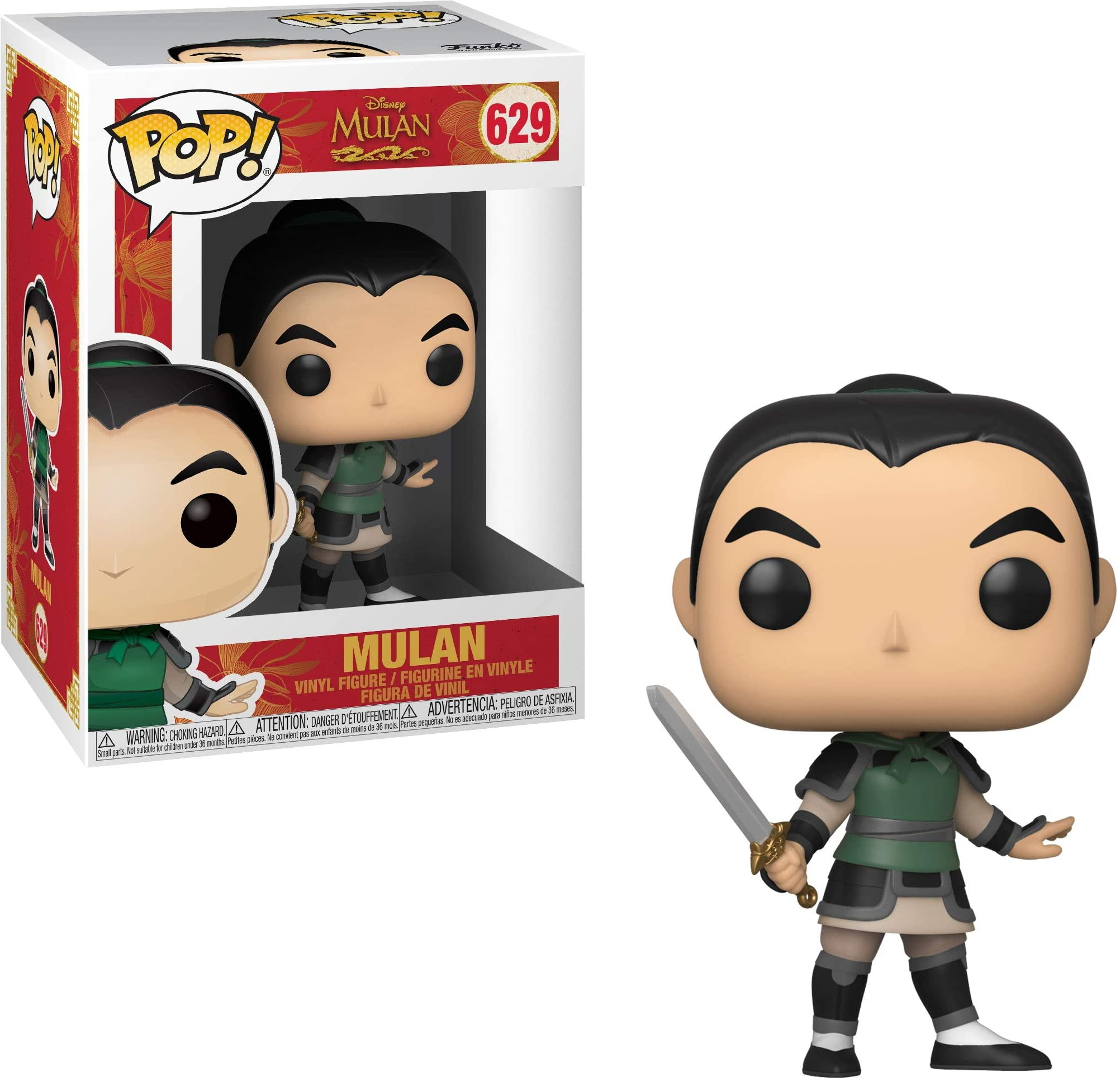 Scatola e figura Funko Pop di Mulan in tenuta da guerriera, con una spada.