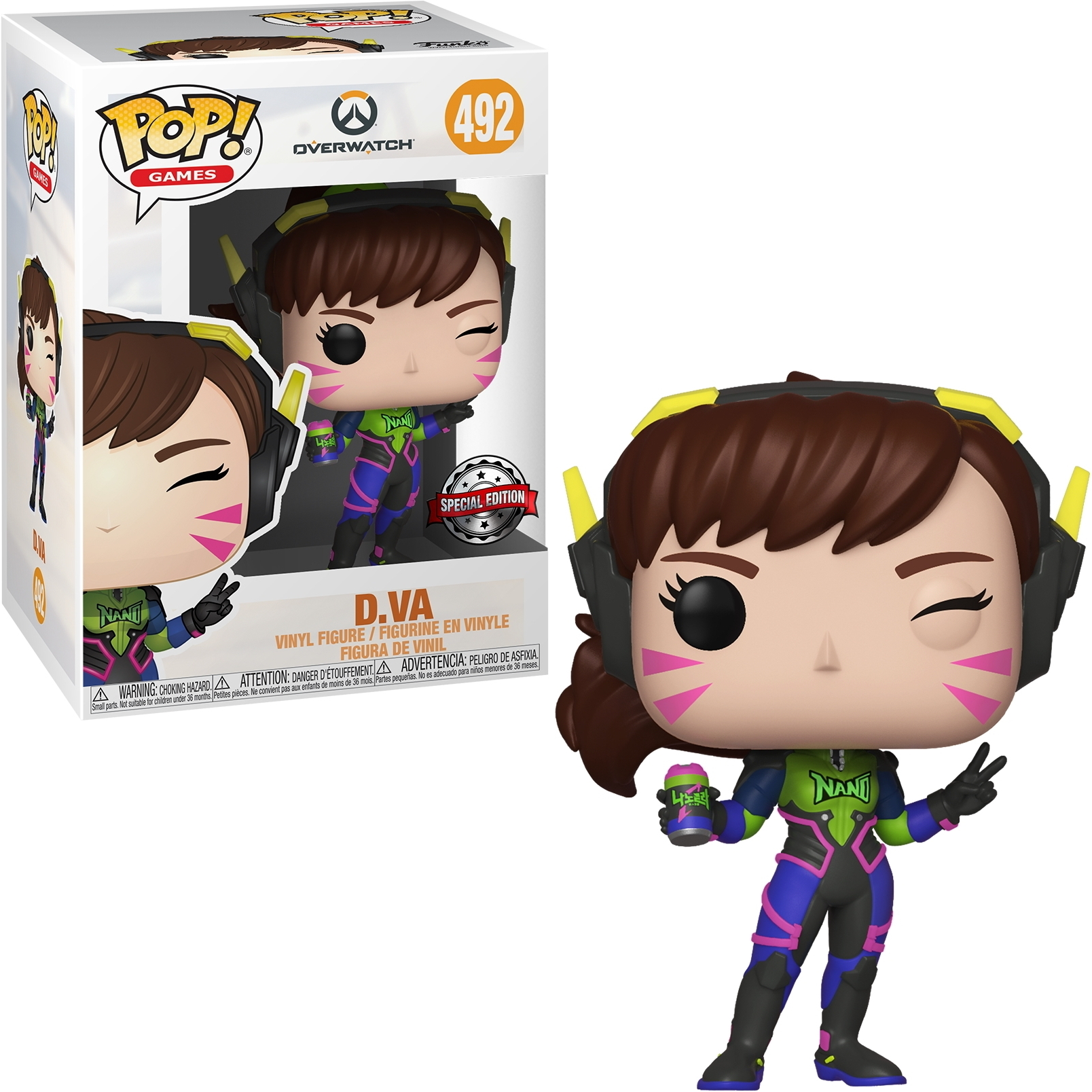 Funko Pop Figur von D.Va aus Overwatch, zwinkernd, mit einem Getränk und einem Friedenszeichen.