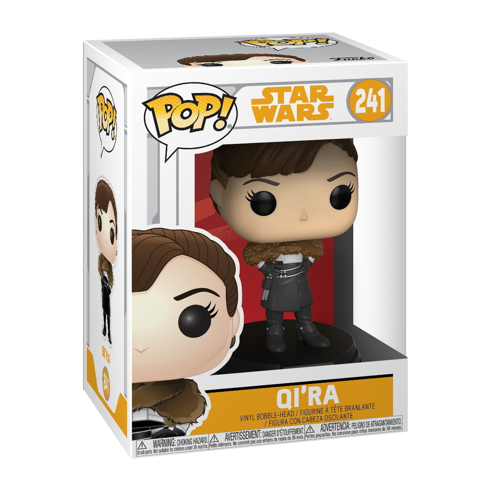 Figurka Qi'ra w pudełku. Figurka ma czarny strój i brązowe włosy. Pudełko z logo Star Wars.