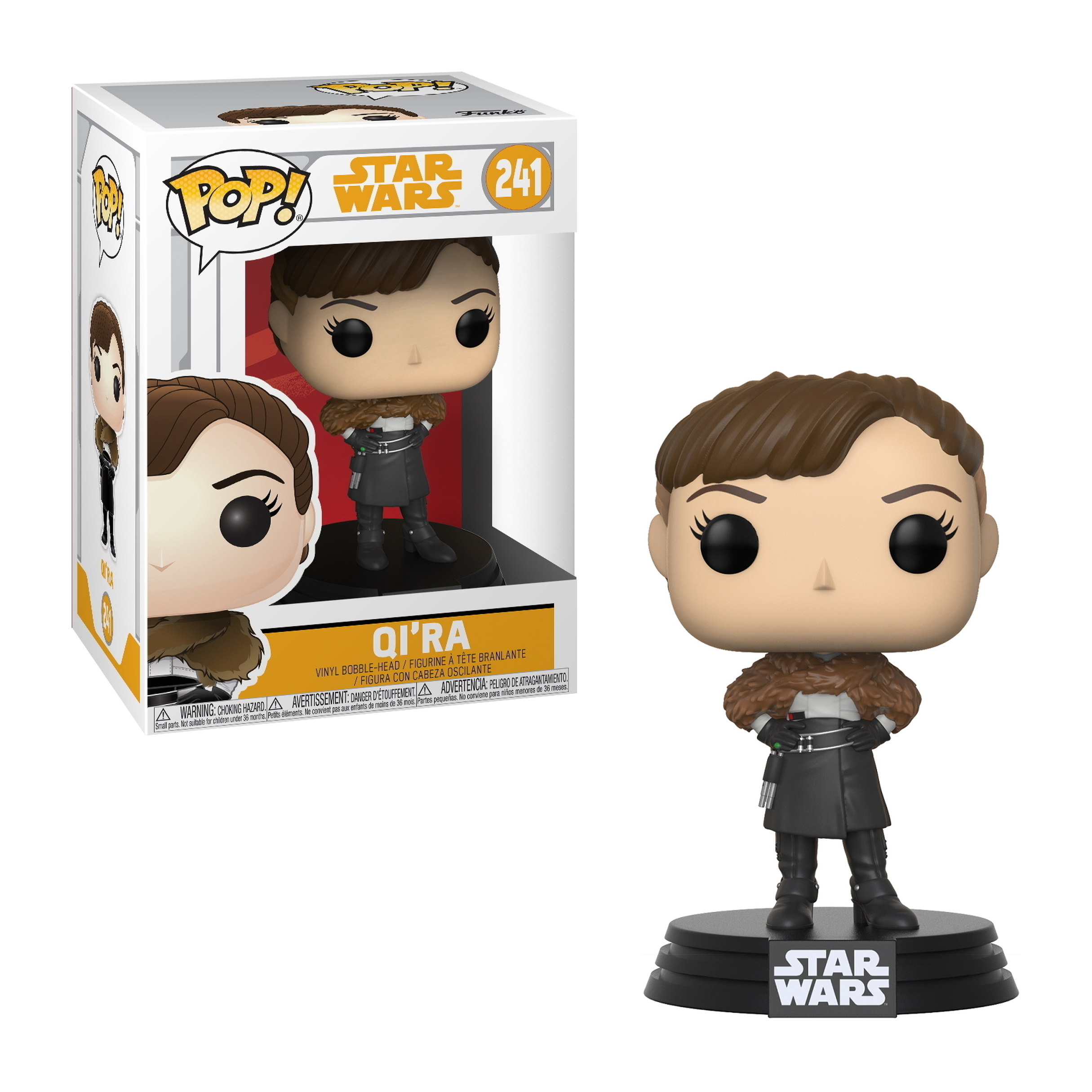 Figurka Funko Pop Qi'ra w pudełku i poza nim. Ciemne włosy, czarny strój i futrzany kołnierz. Podstawa Star Wars.