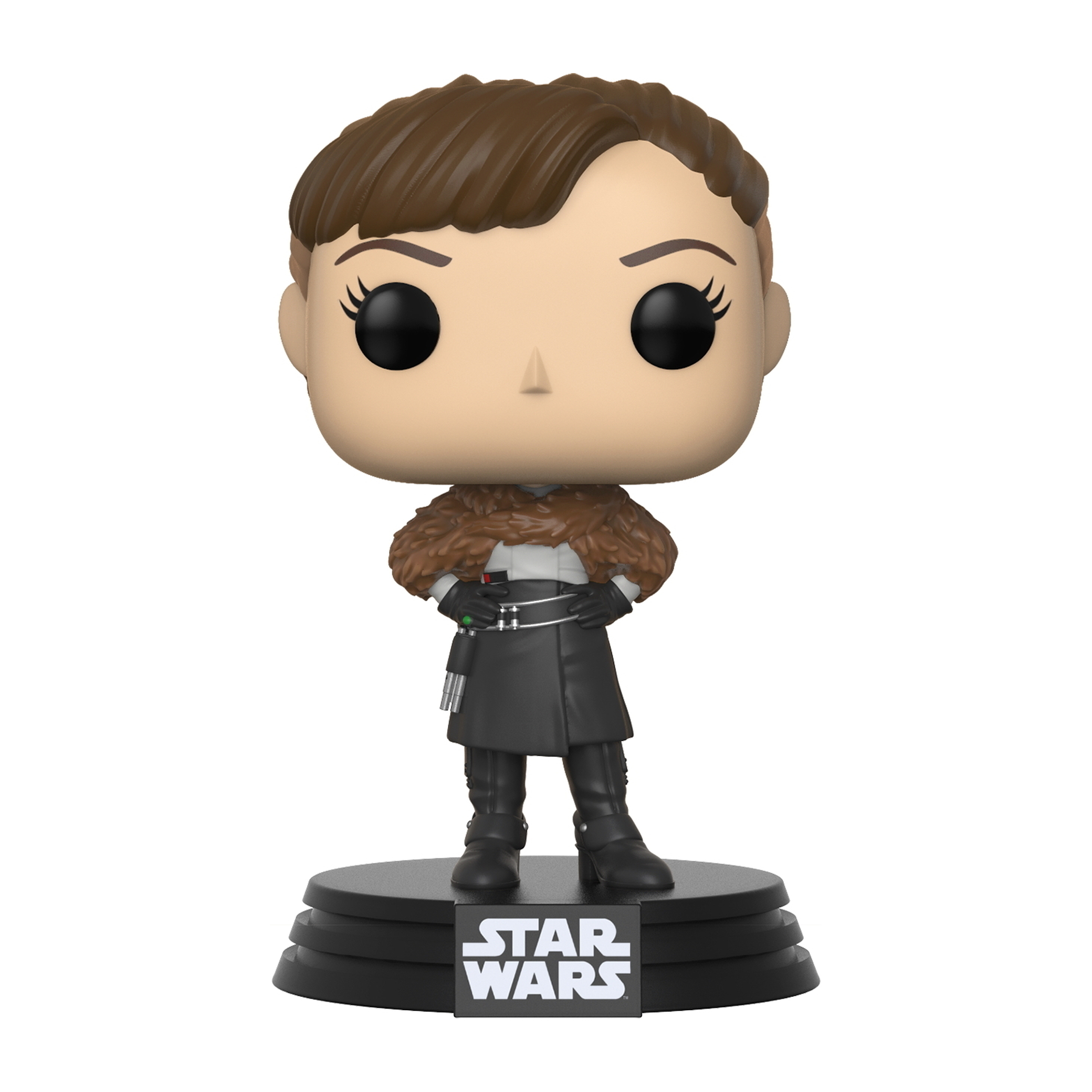 Figurka Funko Pop kobiety z brązowymi włosami, futrzanym kołnierzem i czarnym strojem. Stoi na podstawie.