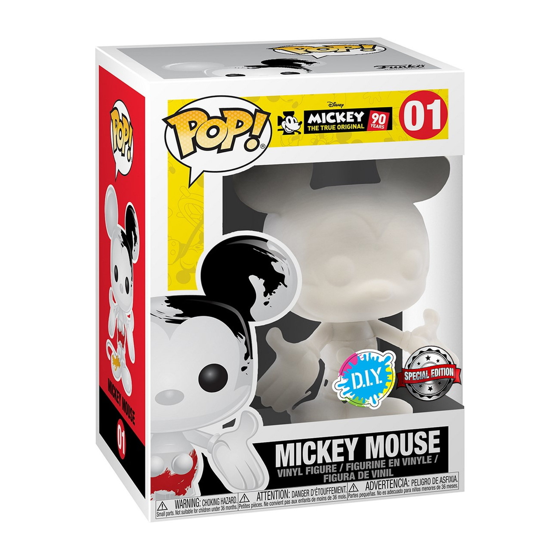 Funko Pop von Micky Maus im DIY-Stil. Schwarz-weiße Figur mit einem bunten DIY-Aufkleber.