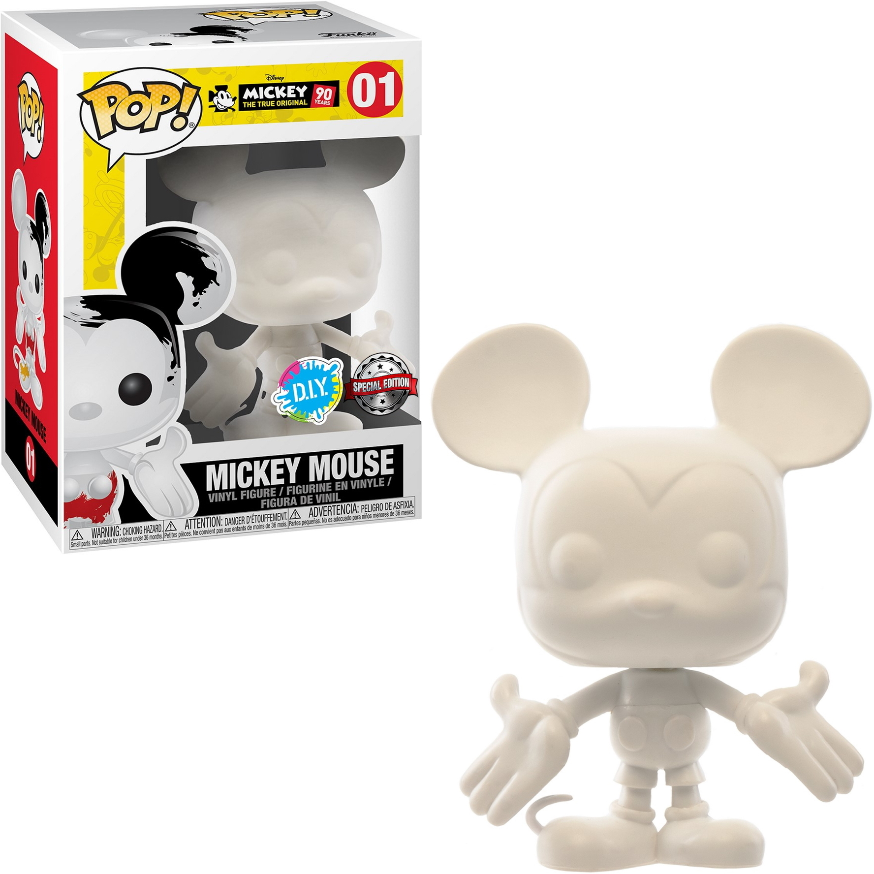 Mickey Mouse POP!-Figur. Weiße, unbemalte Figur in einer Box daneben. Box hat Mickey Mouse-Kunst mit Farbe.