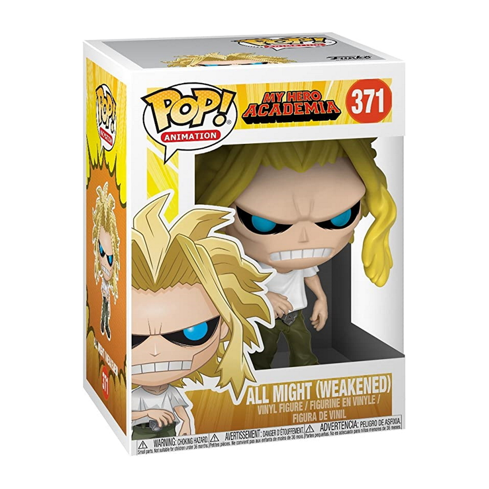Figurka All Might (Osłabiony) w pudełku. Ma białą koszulę i zielone spodnie. Pudełko z etykietą My Hero Academia.