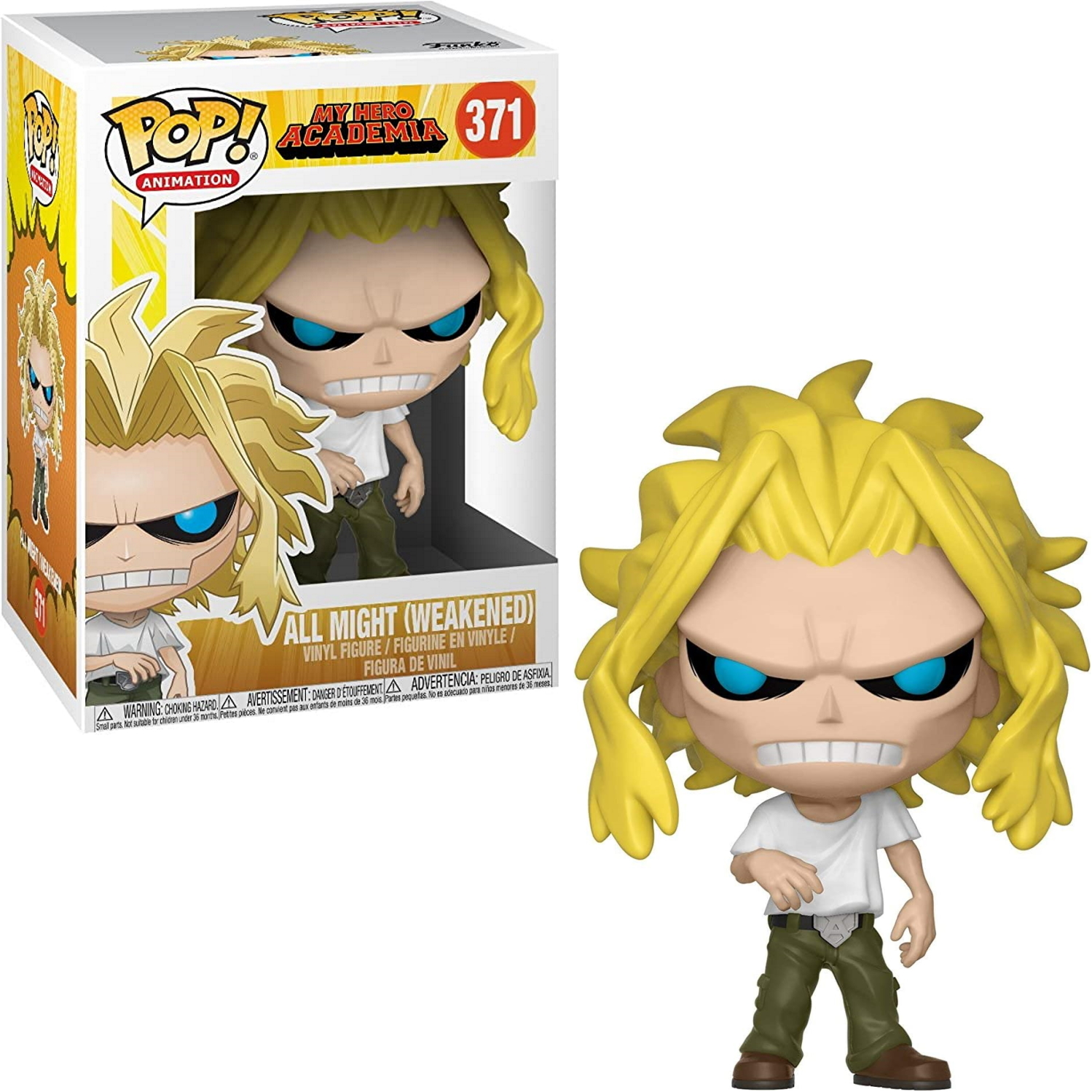 Figurka Funko Pop All Might (Osłabiony) z żółtymi włosami, białą koszulą i zielonymi spodniami.
